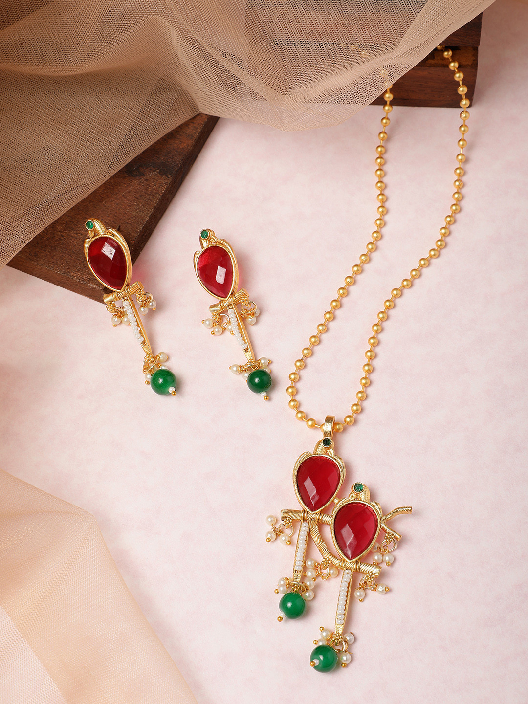 MANSIYAORANGE Gold Plated Faux Ruby Pearls Studded Pendant Earrings and Chain