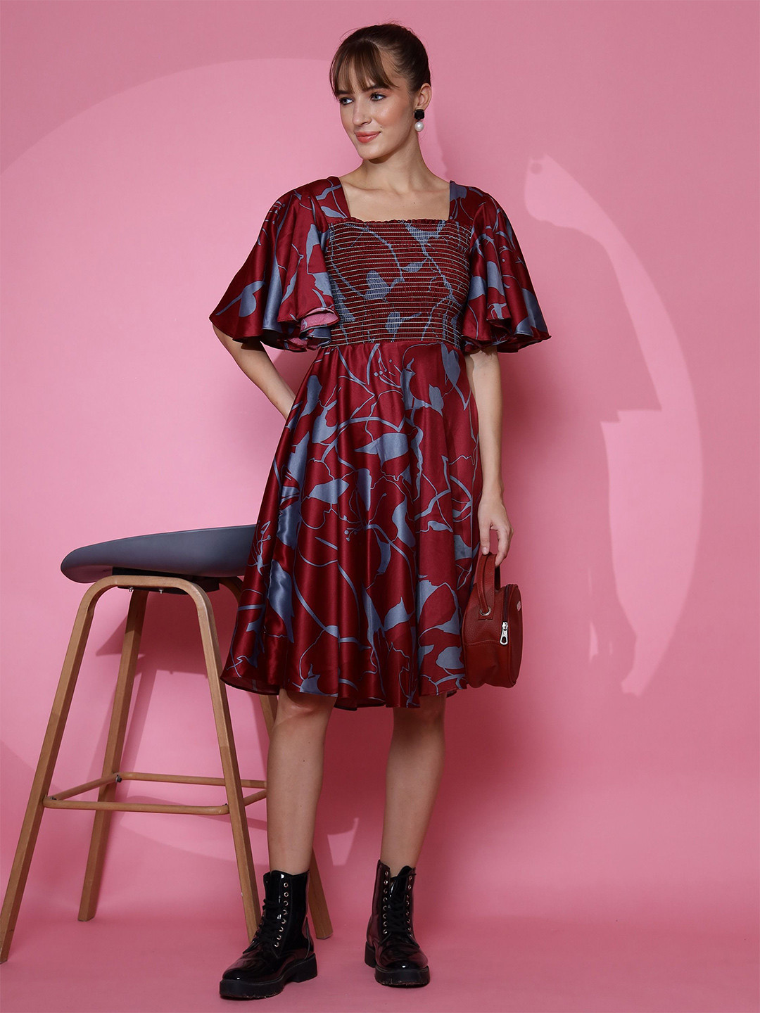 De La Moda Women Printed Square Neck Flared Sleeves Satin Fit & Flare Dress