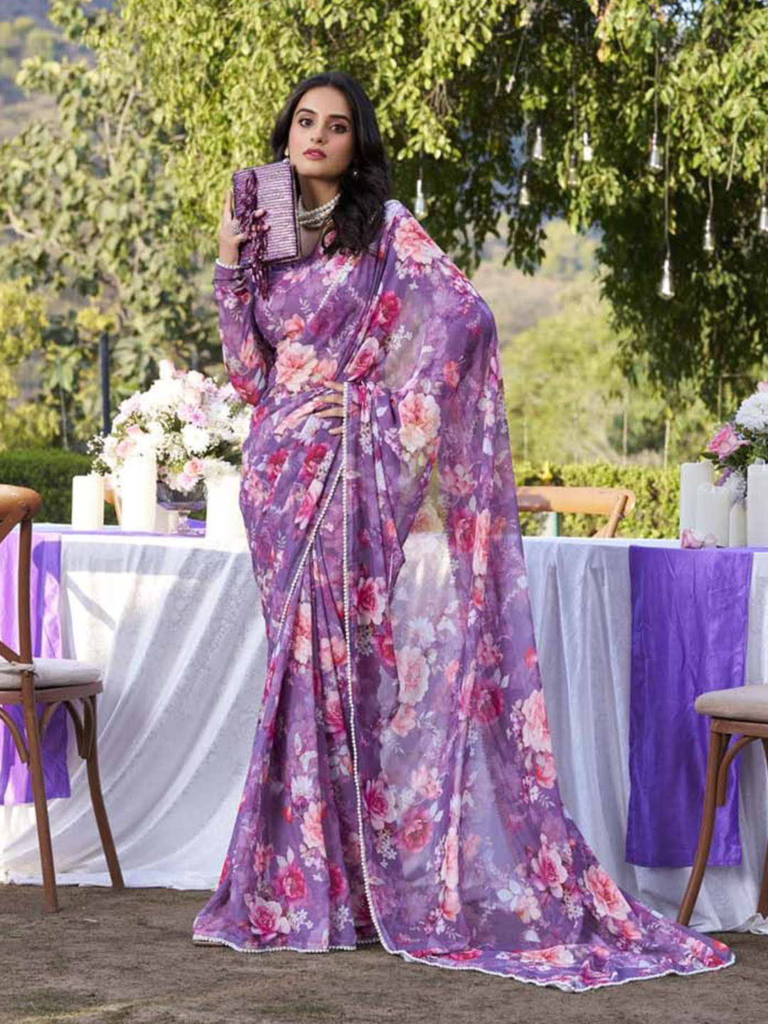 MADHAVPRIYA Floral Poly Georgette Tussar Saree