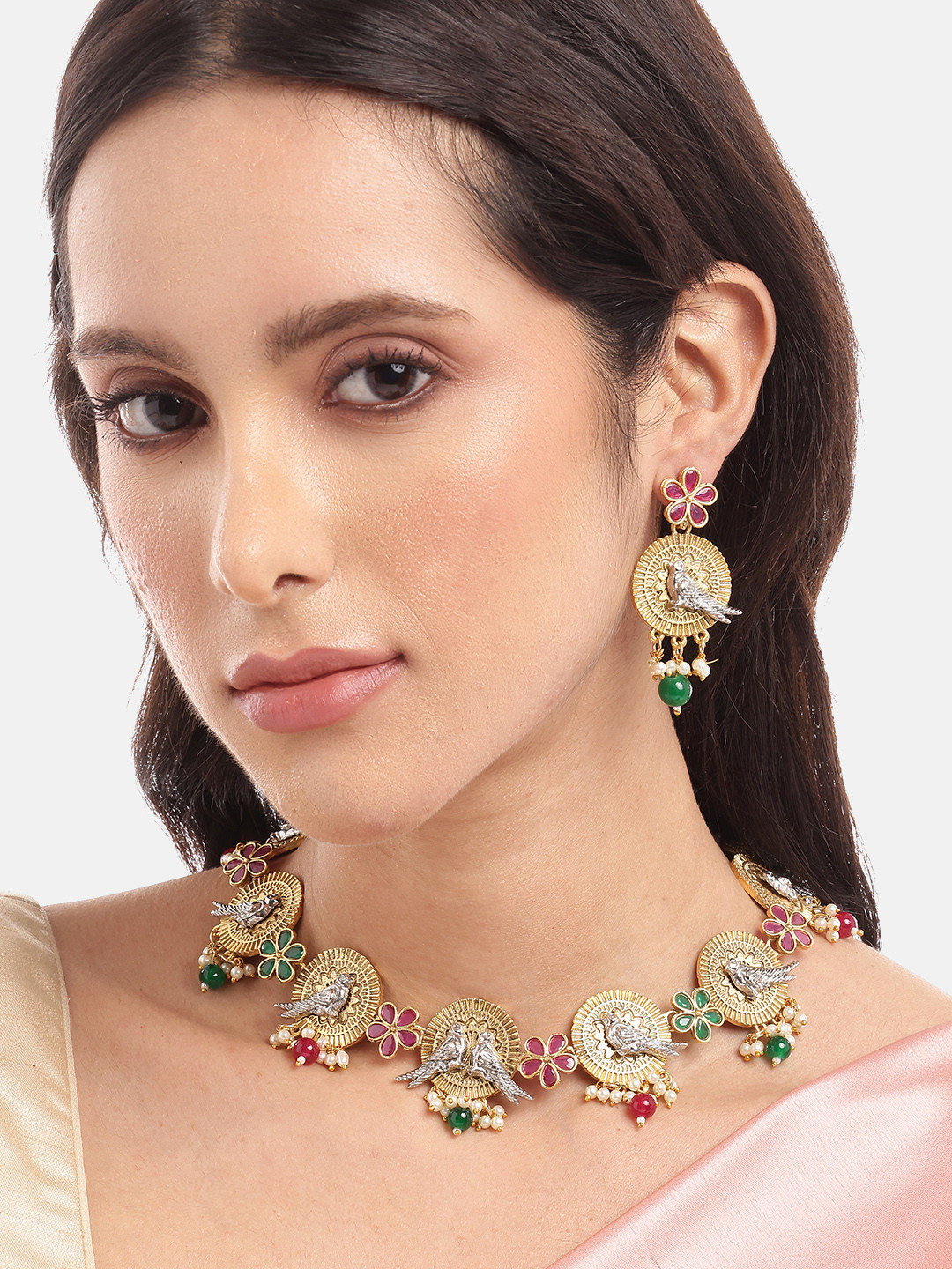 MANSIYAORANGE Gold Plated Dual Tone Faux Ruby & Pearl Studded Chocker and Earrings Set