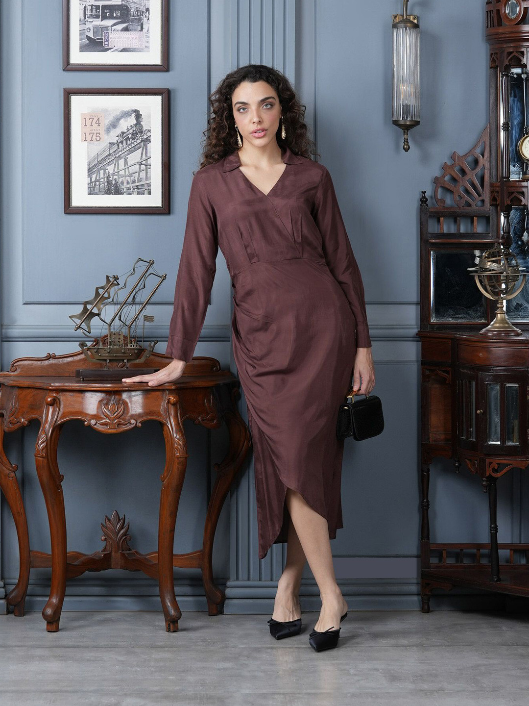 JISORA Women's Solid Brown Russian Silk Dress