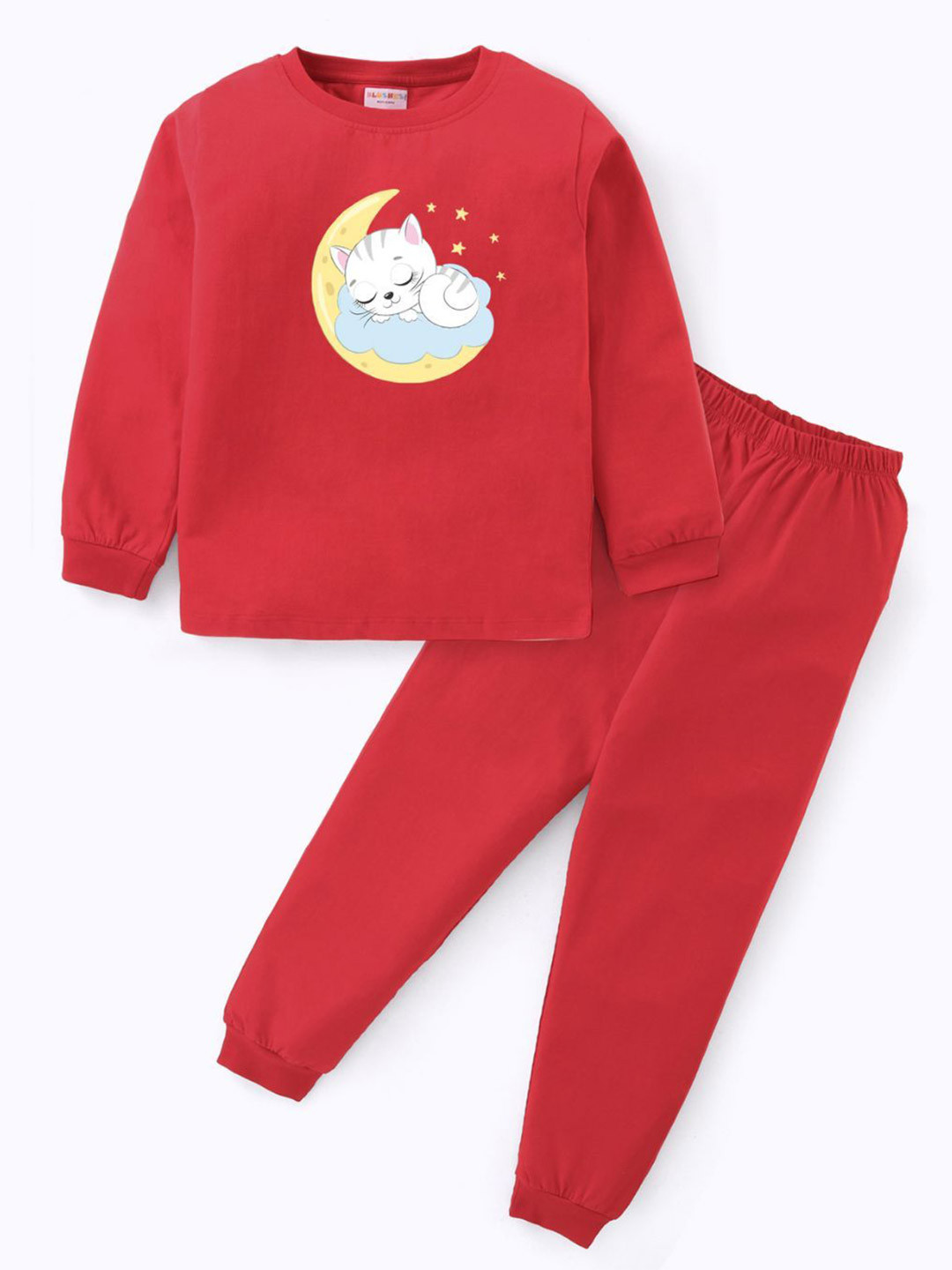 BLUSHES Kids Cloud Moon Printed Pure Cotton Full Sleeves Top With Joggers Night Suit