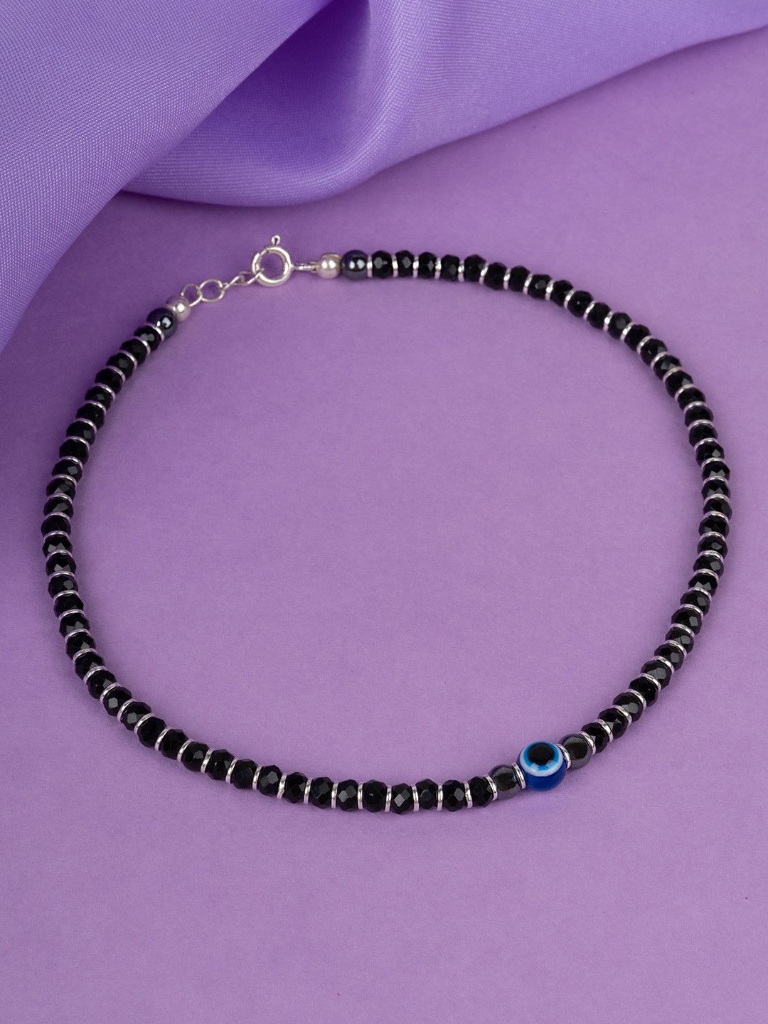 RACHIVA 925 Sterling Silver Beaded Rhodium-Plated Evil Eye Anklet