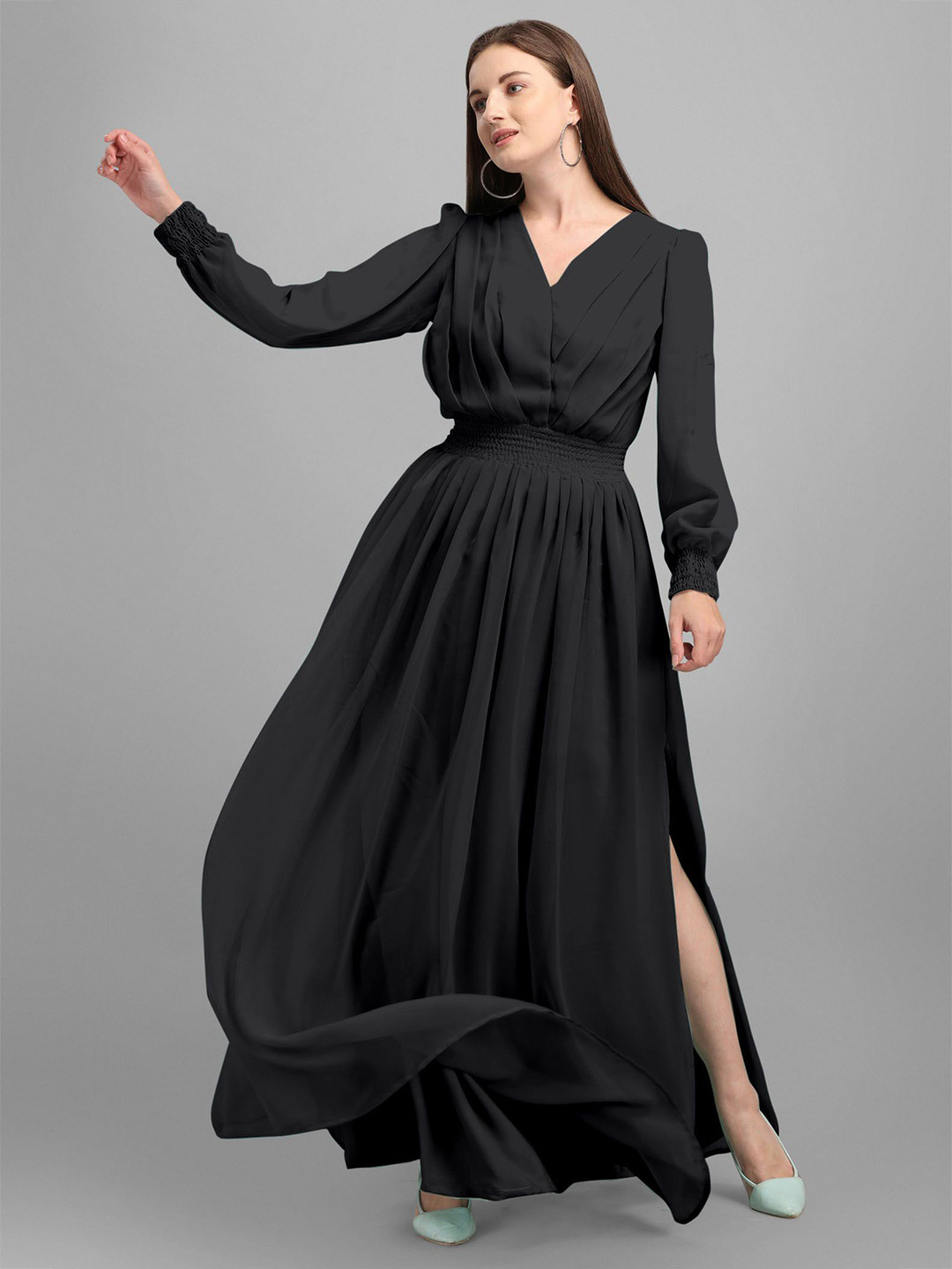 Jash Creation V-Neck Cuffed Sleeves Georgette Fit & Flare Maxi Dress With Slits