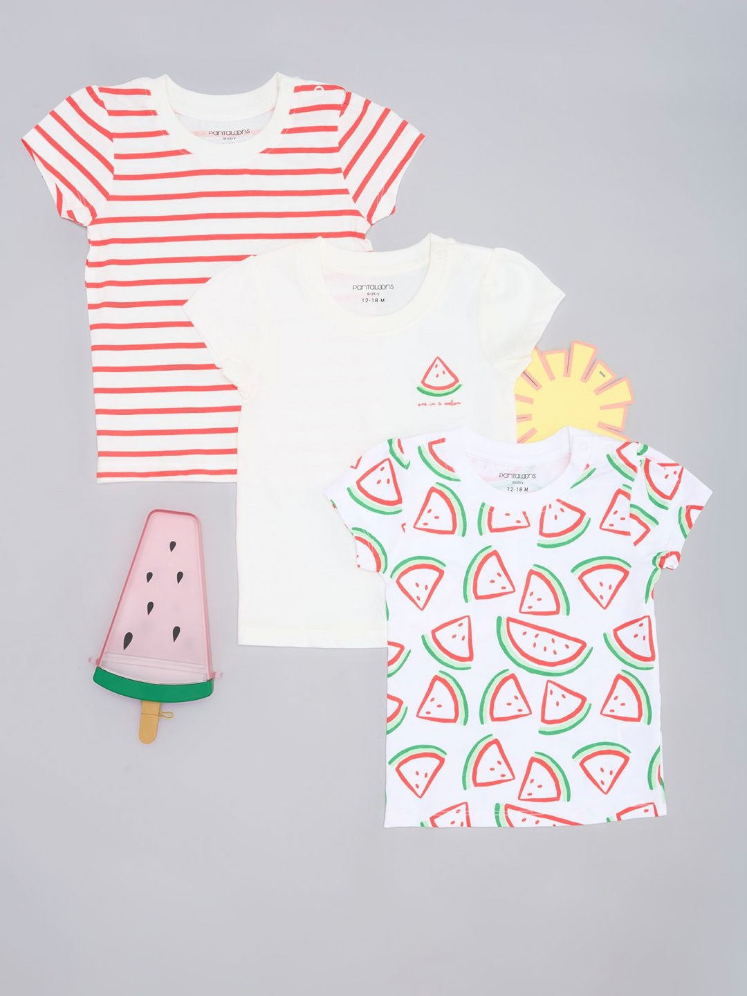 Pantaloons Baby Girls Pack of 3 Striped Round Neck Cotton T-shirts