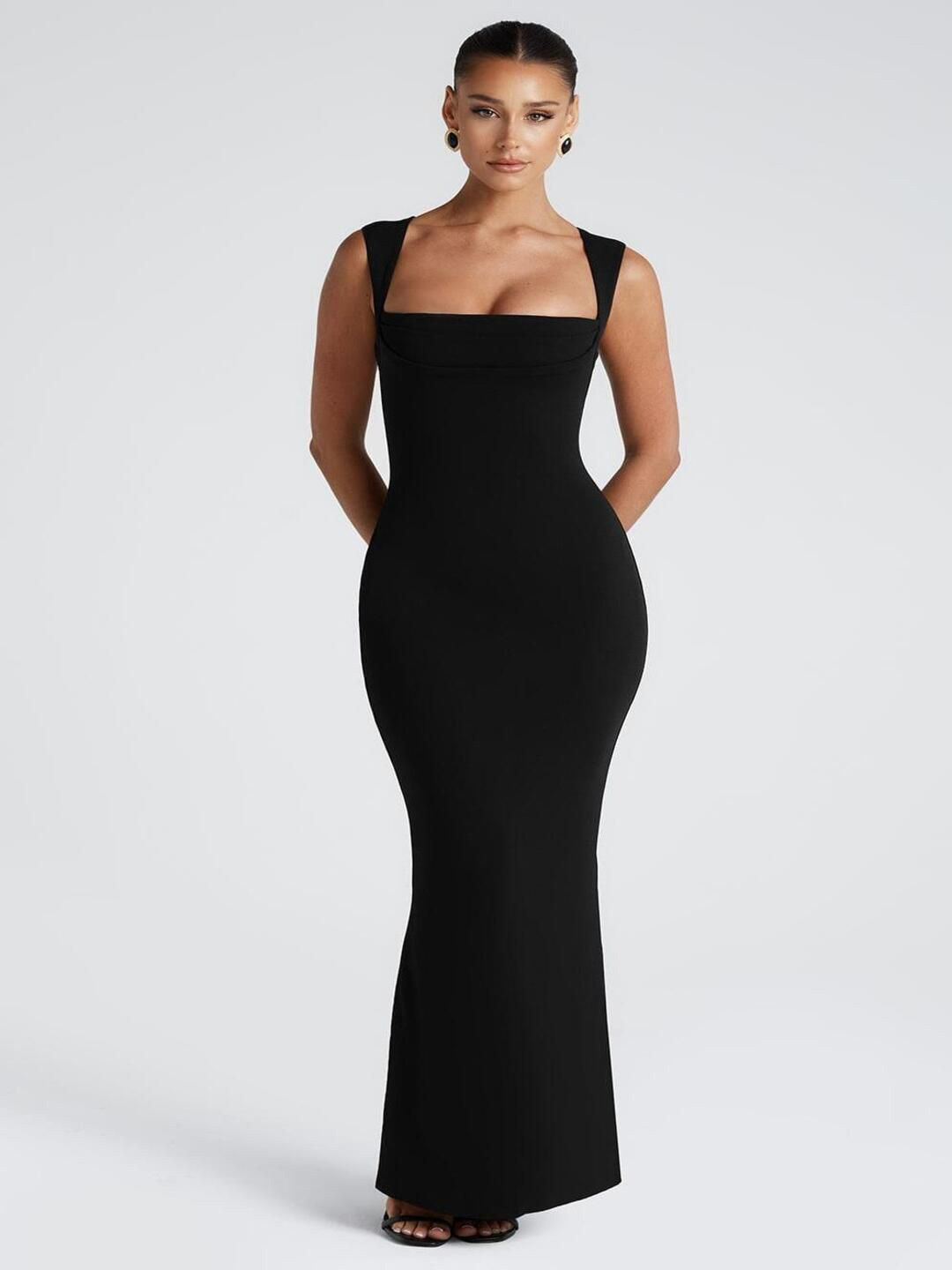 bebe Black Square Neck Sleeveless Bodycon Maxi Dress