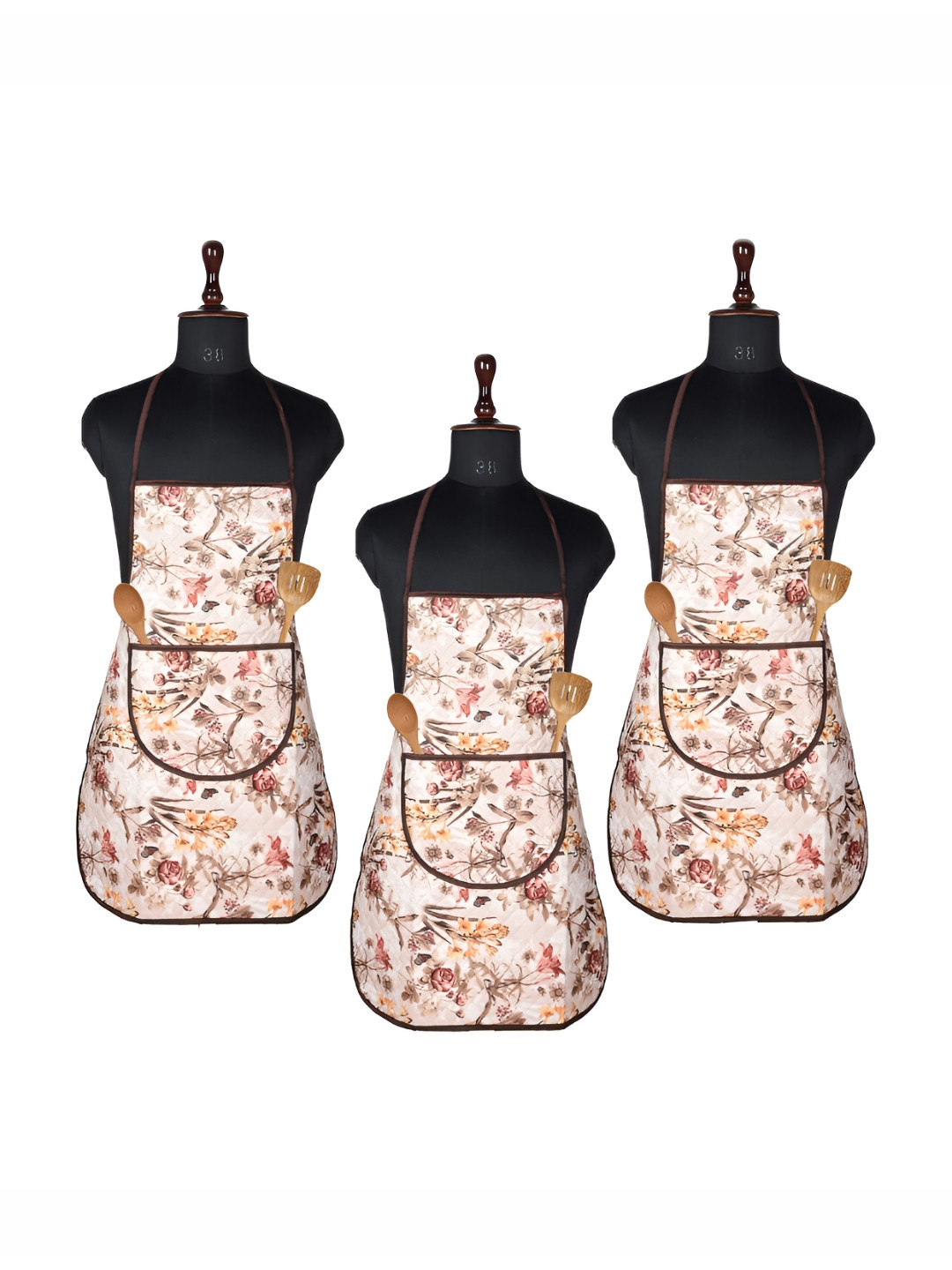 Aura Beige & Brown 3 Pieces Floral Printed Aprons With Center Pocket