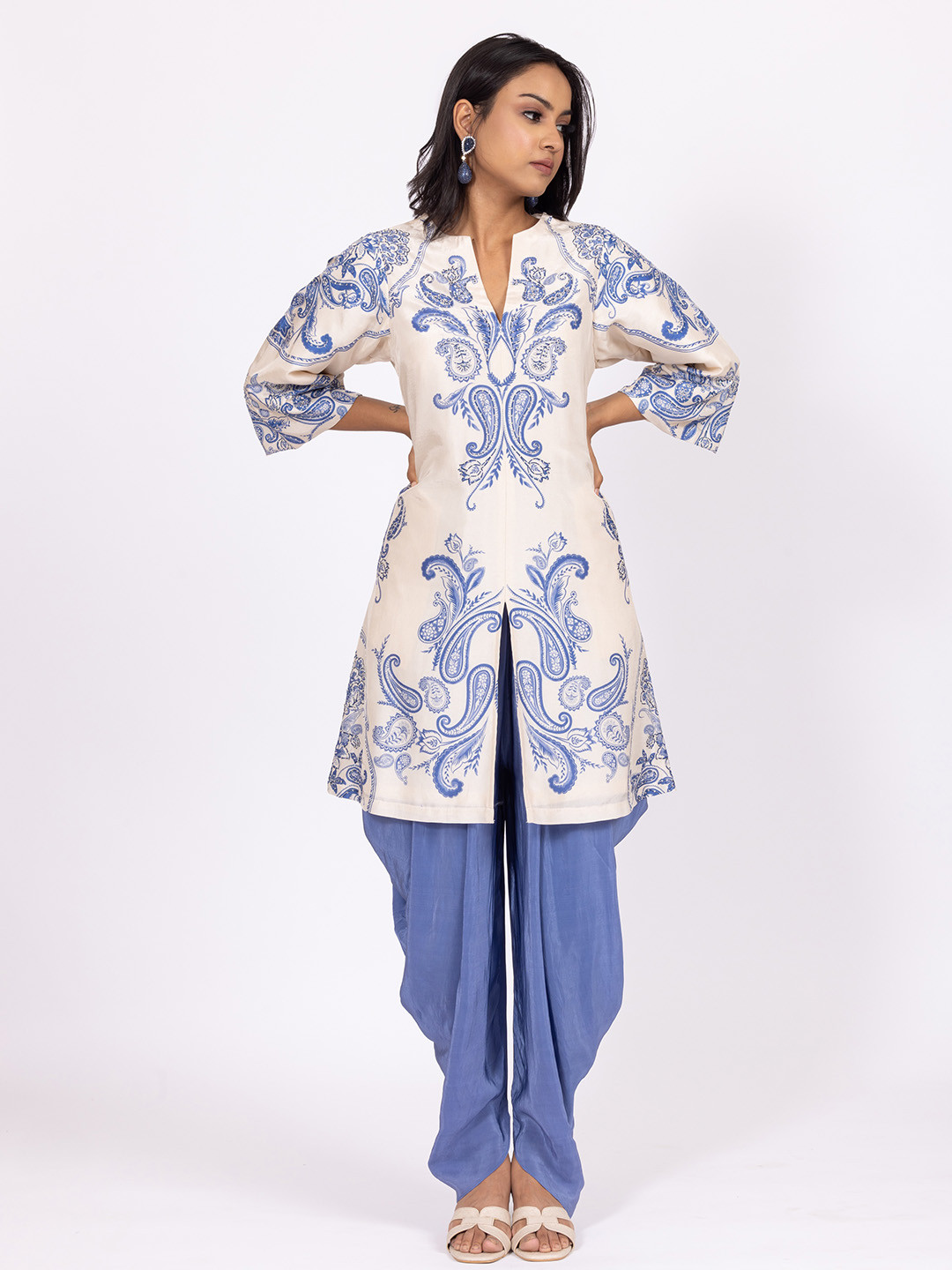 Label Naariti Paisley Printed Notch Neck A-Line Fusion Kurta With Dhoti Pants