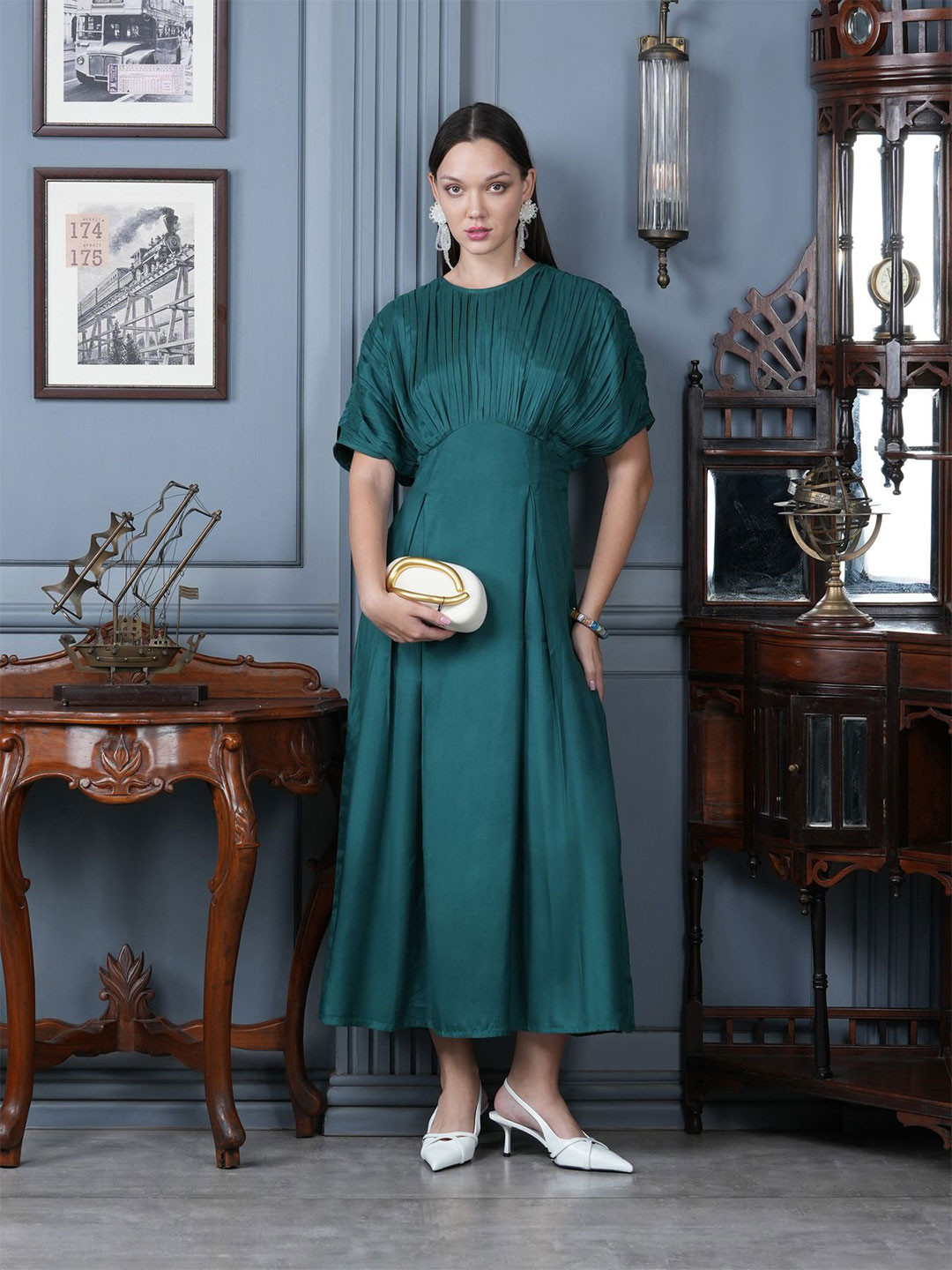 JISORA Women's Solid Green Russian Silk Dress