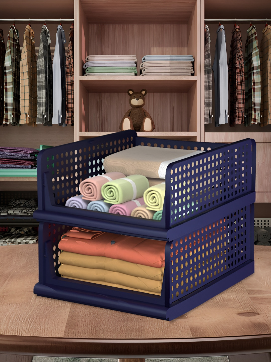 Aura Blue 2 Pieces Wardrobe Closet Storage Organizers Foldable Shirt Stacker Box