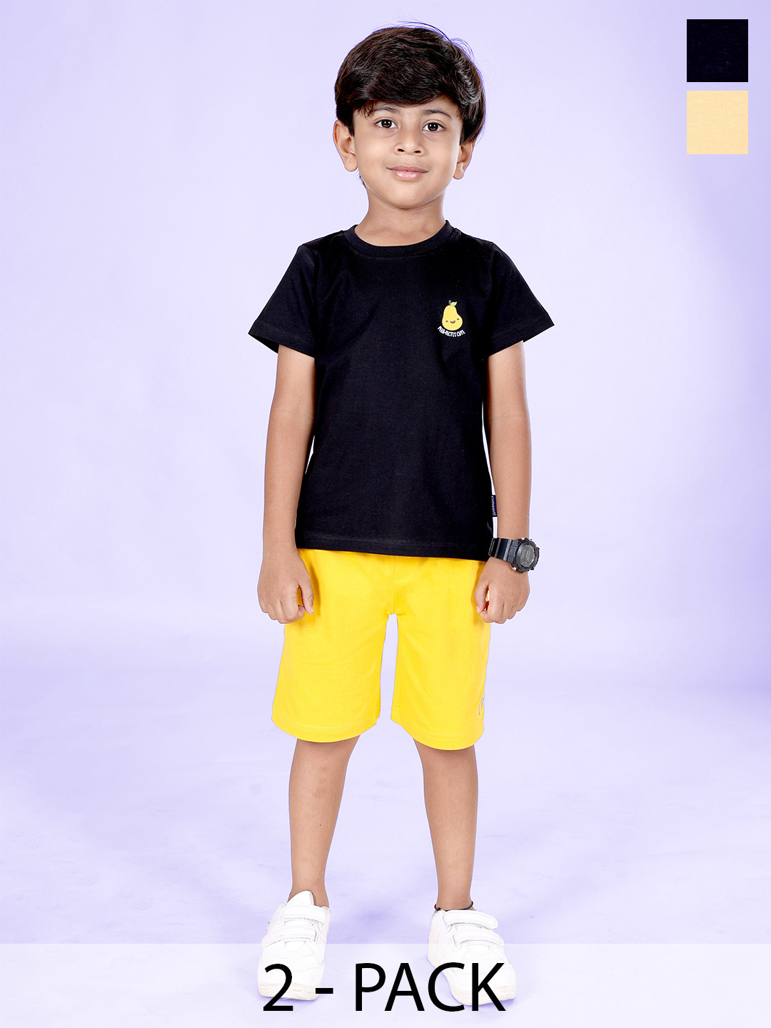 KiddoPanti Boys Pack Of 2 Chest Printed Round Neck Pure Cotton T-Shirt With Shorts