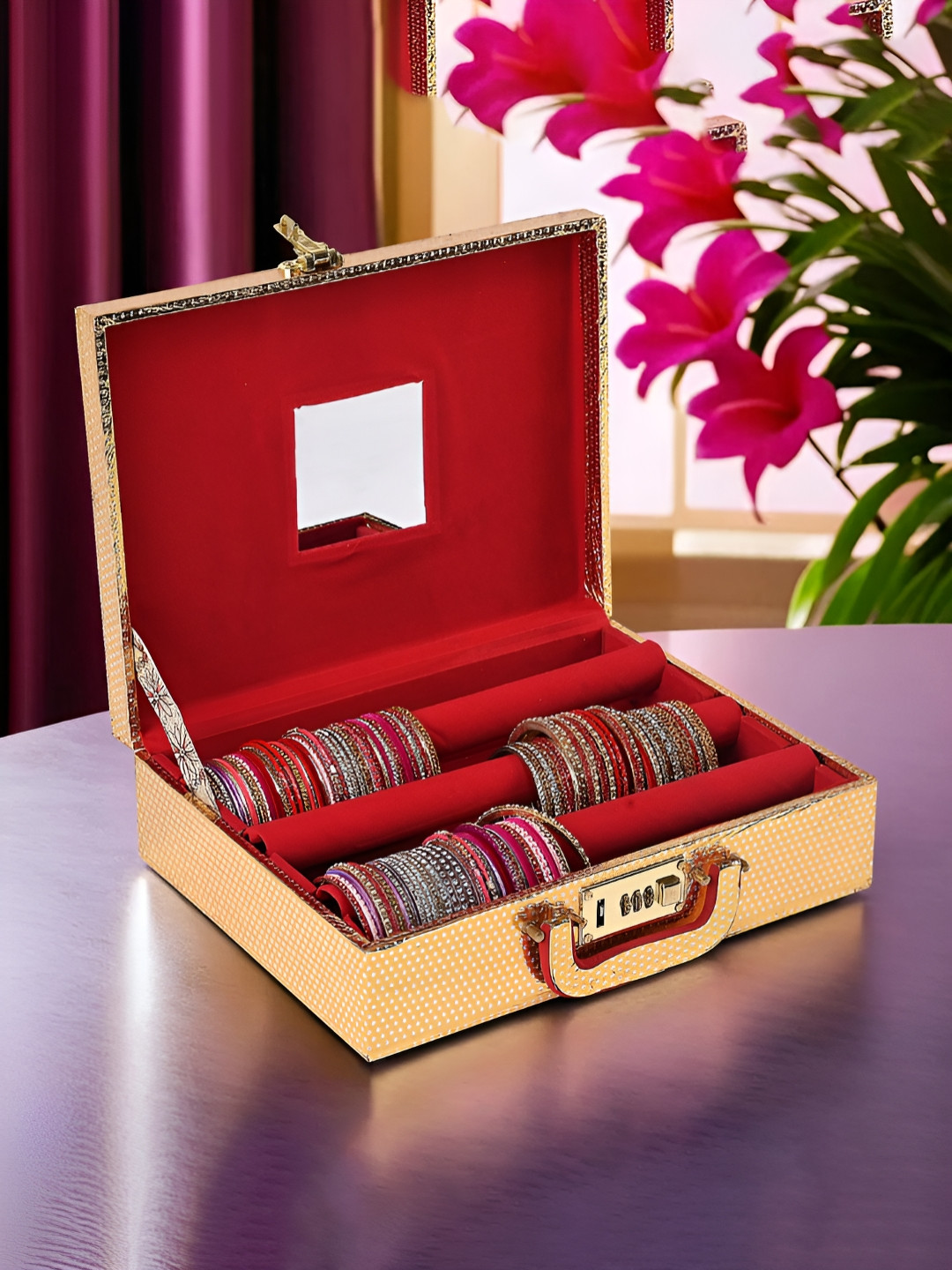 Myntra Elegant Homes Gold-Toned Printed Wooden 3 Rod Mirror Number Lock Velvet Bangle Box