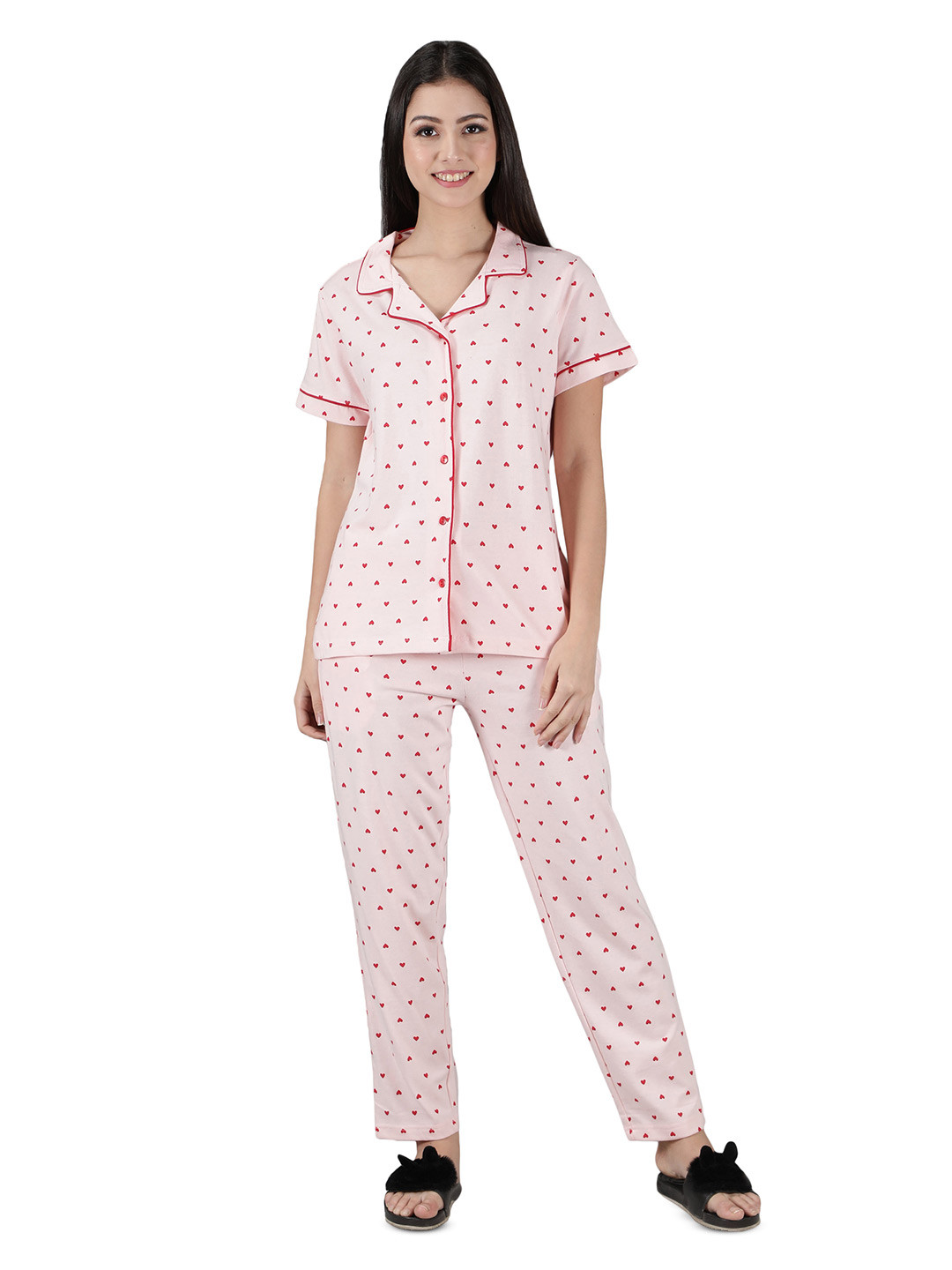 LABEL MY Women Heart Collar Pure Cotton Nightsuit