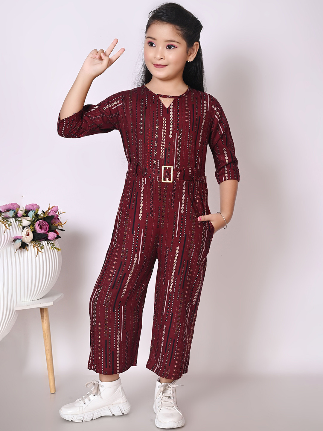 GLAMOUR WORLD GARMENTS Girl Organic Cotton Striped Round Neck Basic Jumpsuit