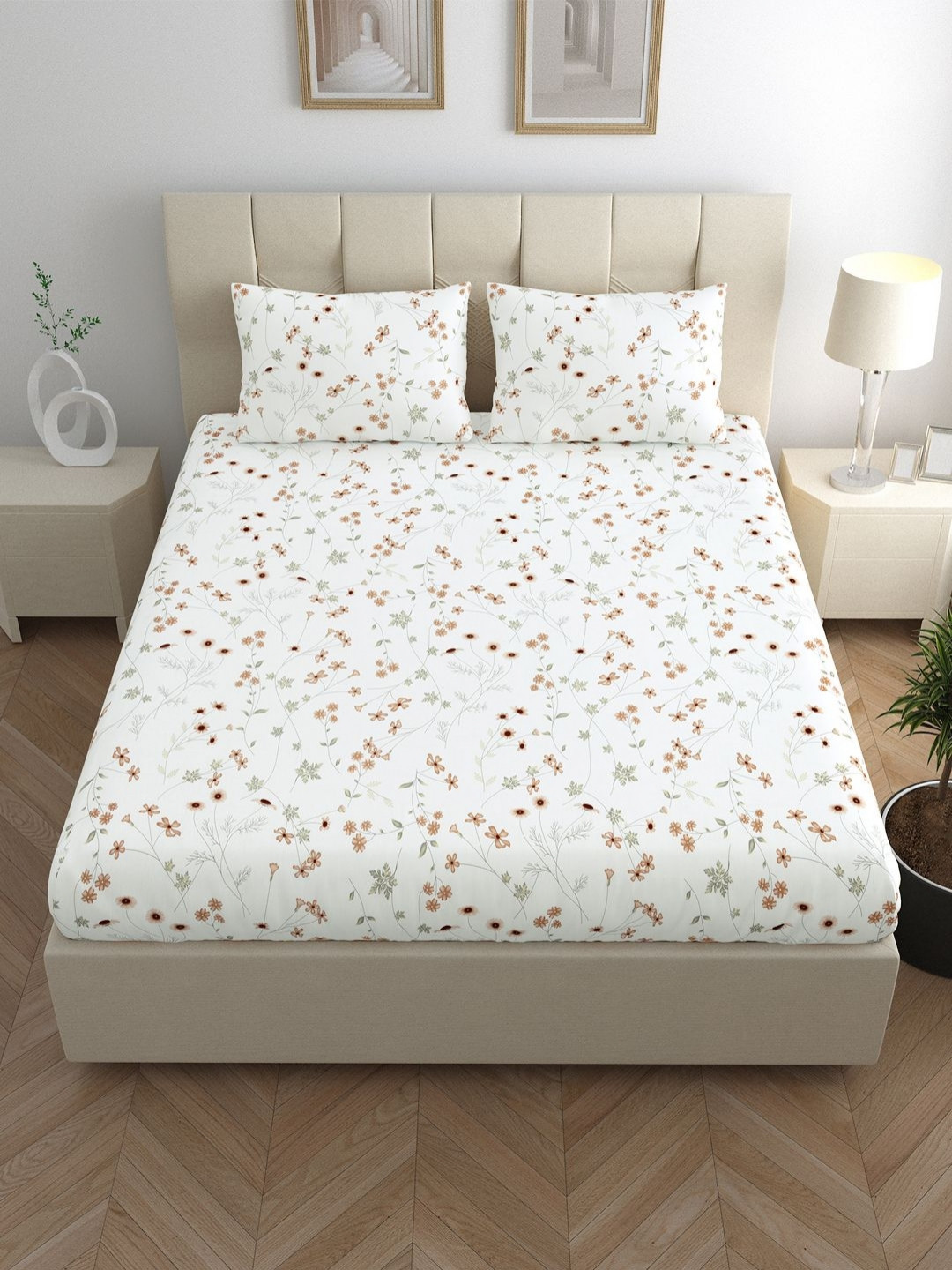 LINENWALAS Happy Sleeping Pink Floral 210 TC Queen Bedsheet with 2 Pillow Covers