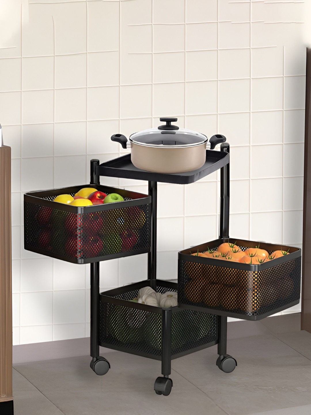 Myntra Elegant Homes Black Metal 3-Layer Rotating Storage Rack Trolley with Wheels