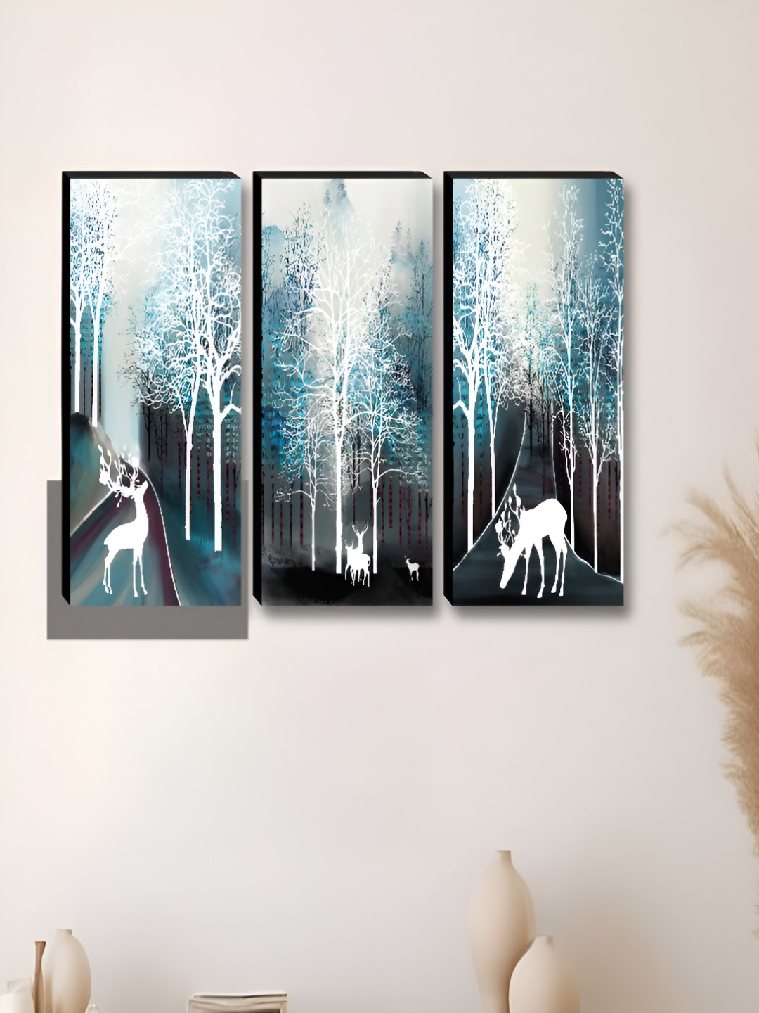 SAF Blue & White 3 Pieces Birds and Animals Synthetic Wood Wall Paintings