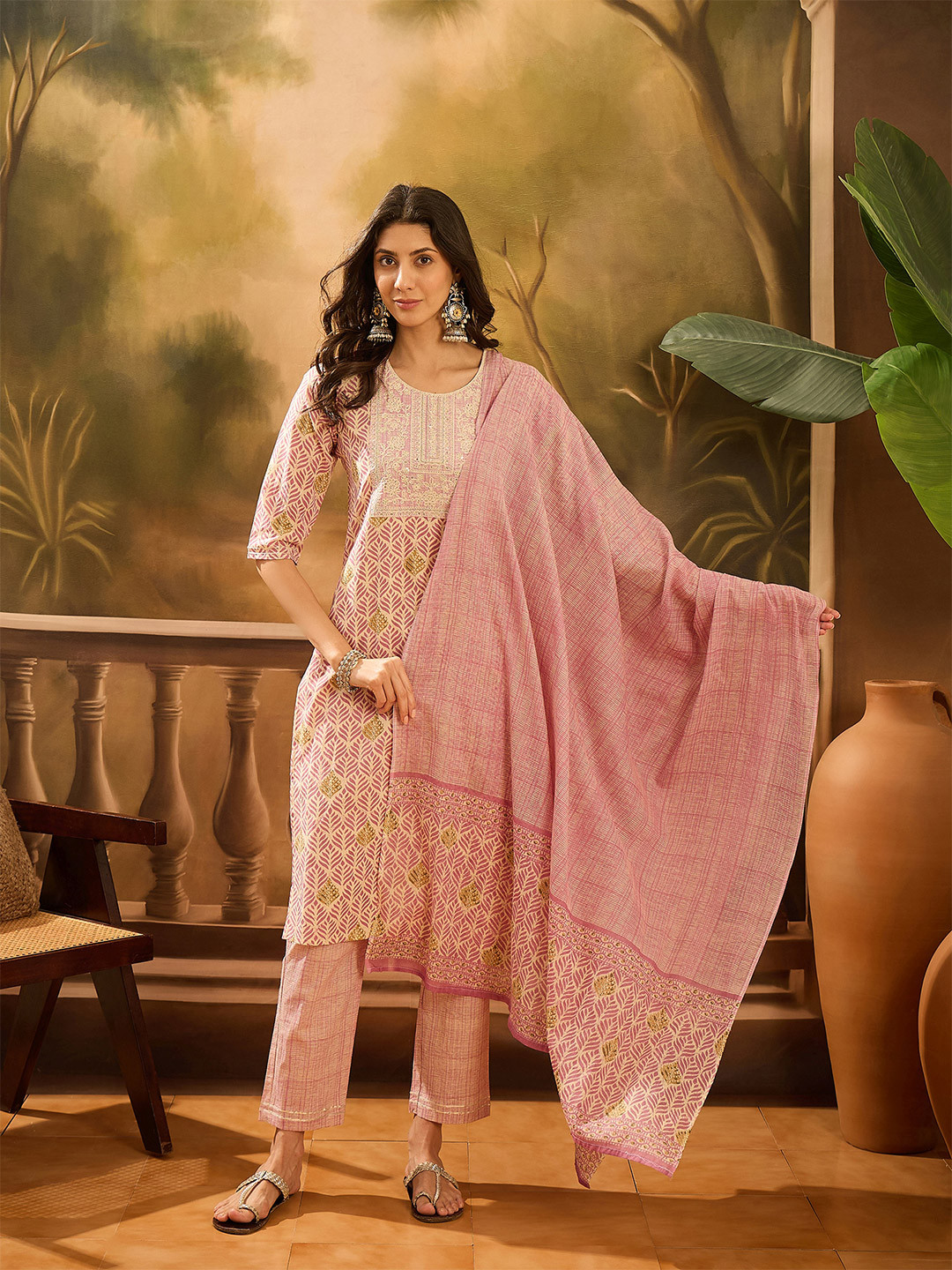 Sangria Floral Printed Pure Cotton Straight Kurta With Trouser And Dupatta