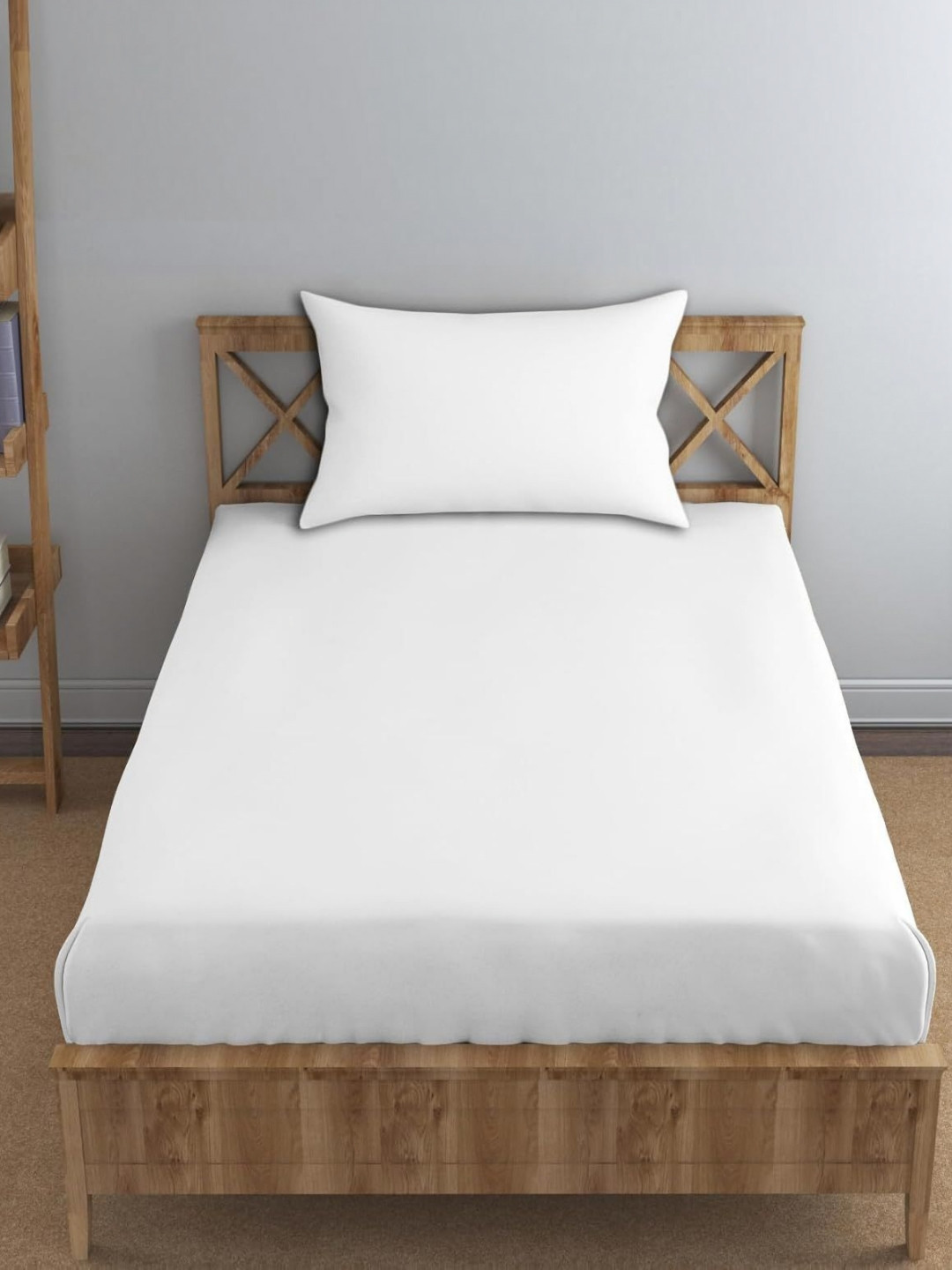 Trance Home Linen White Pure Cotton 300 TC Fitted Single Fine Bedsheet with a Pillow Cover-72 x 300 inches