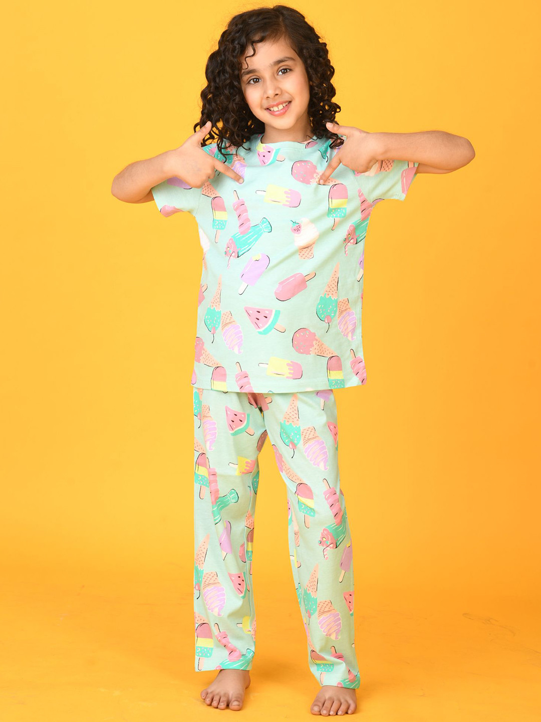 Anthrilo Girls Pure Cotton Icecream Short Sleeve Pyjama Set - Aqua