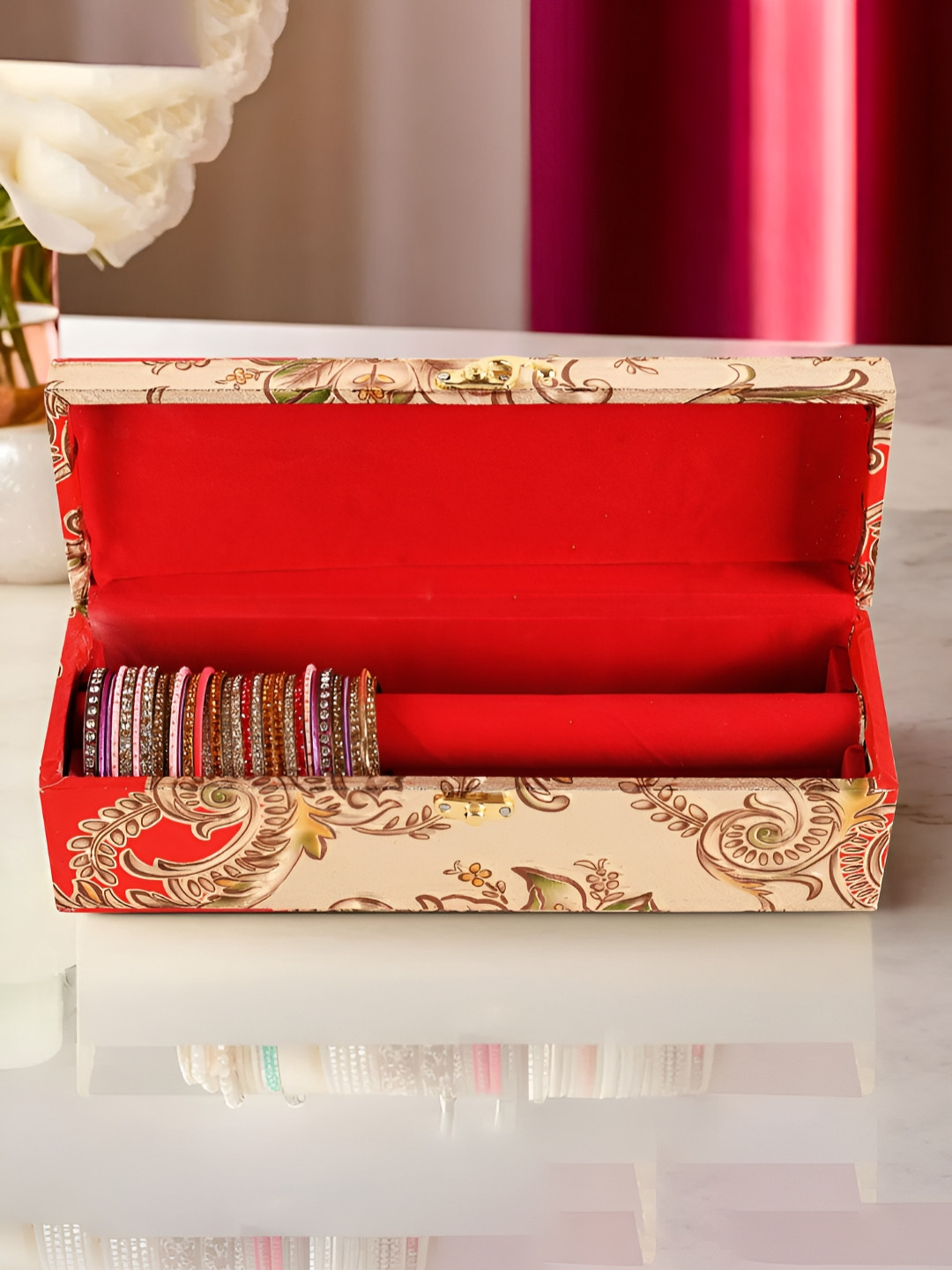 Aura Gold-Toned 1 Rod Masakali Printed Wooden Velvet Bangle Box