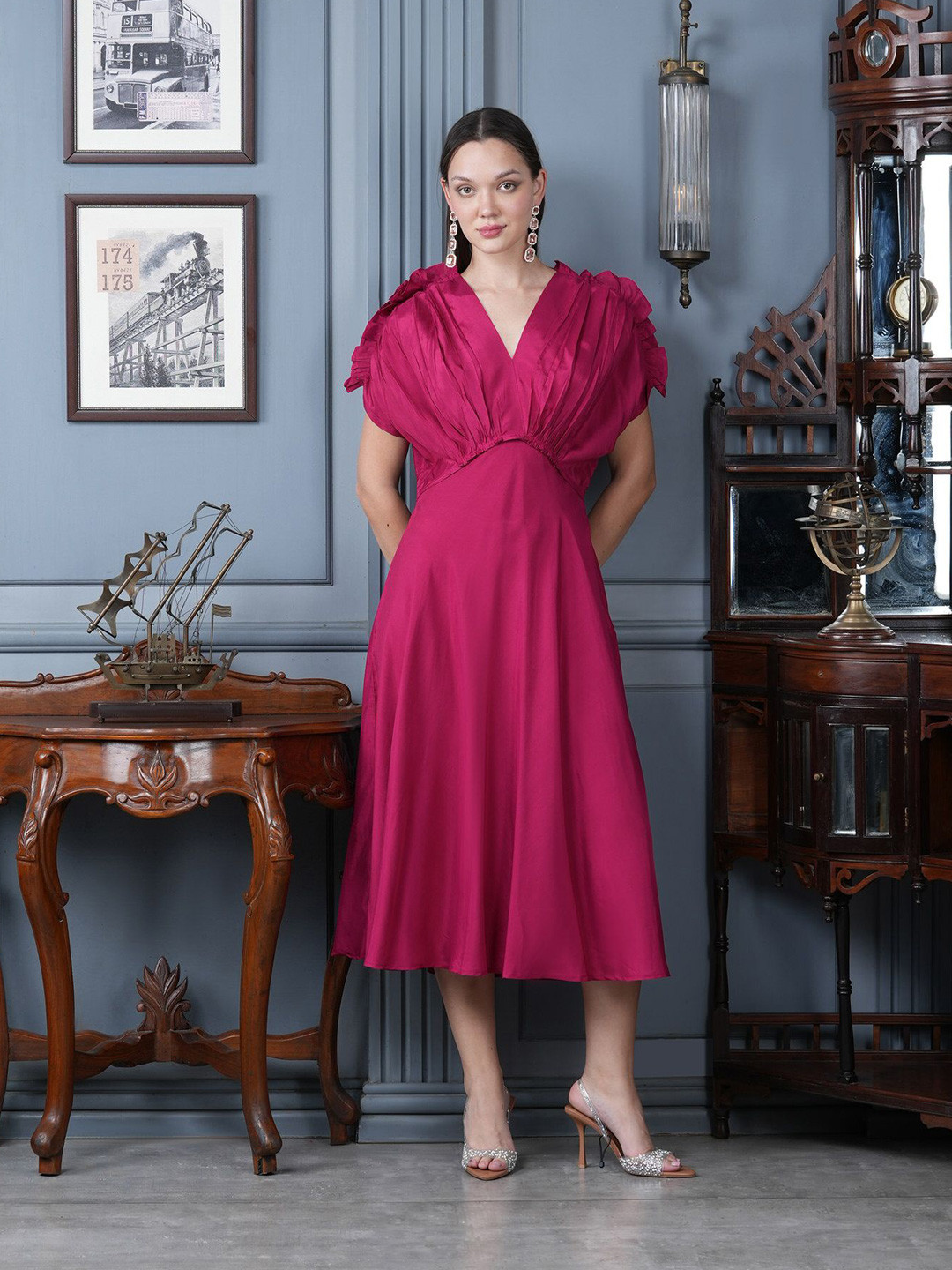 JISORA Women's Solid Pink Russian Silk Dress