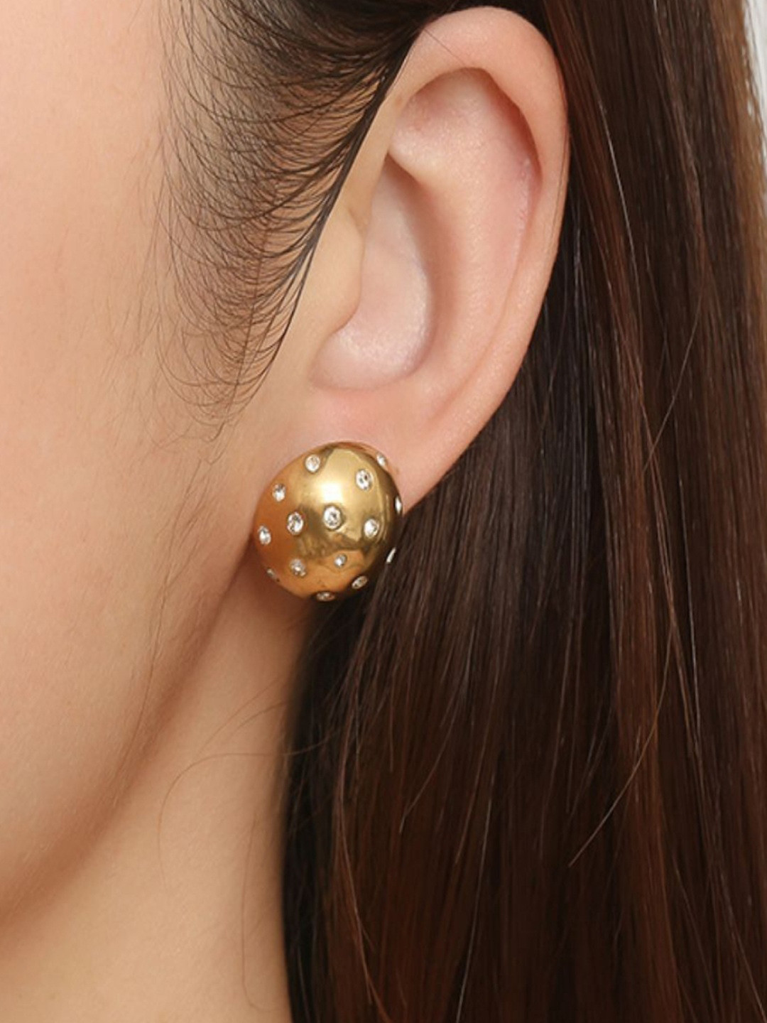 AQUASTREET 18K Gold Plated Waterproof Anti-Tarnish Round Zircon Dome Studs