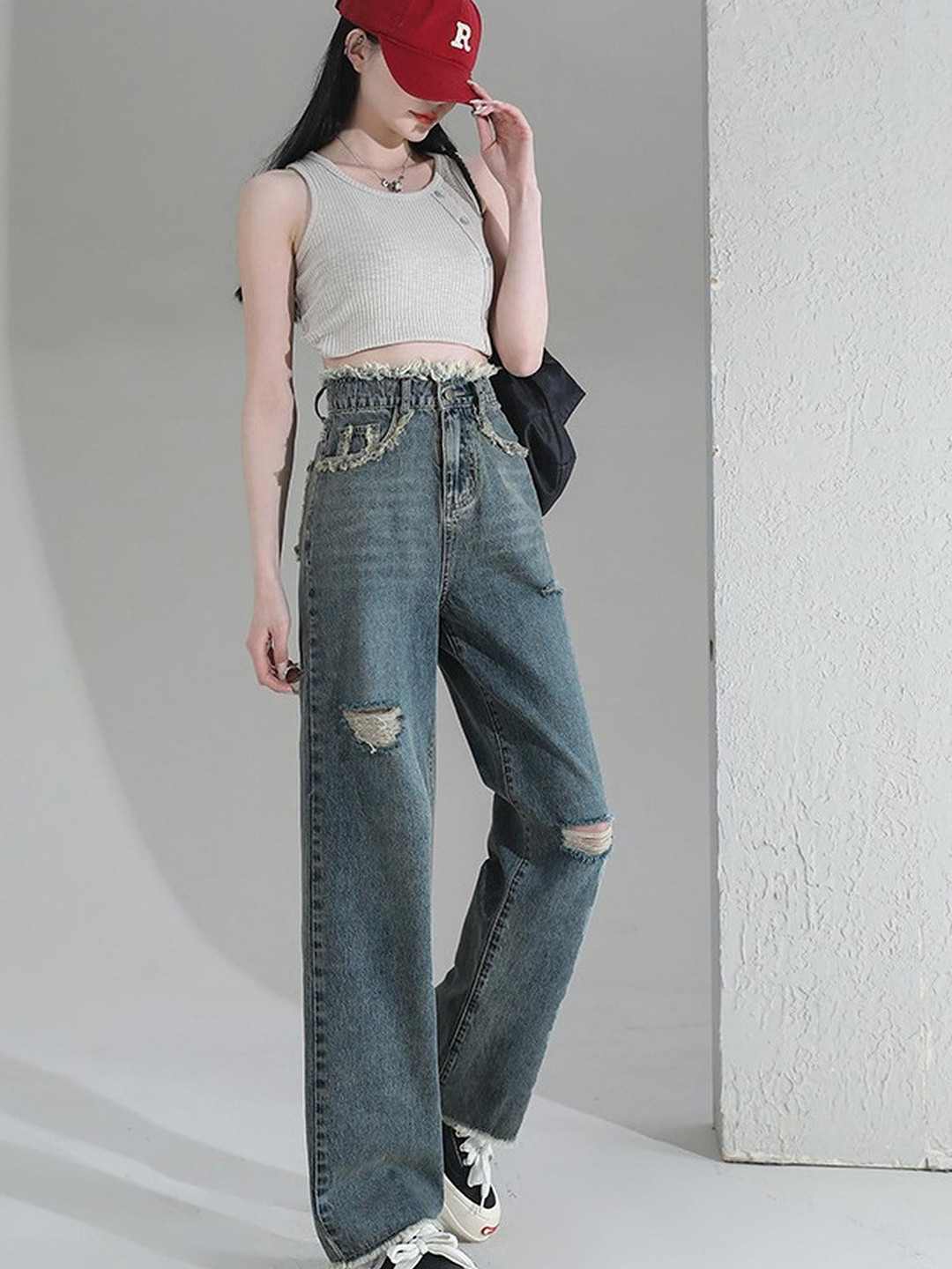 Outzidr Women Original Frayed Waist Band Denim Jeans