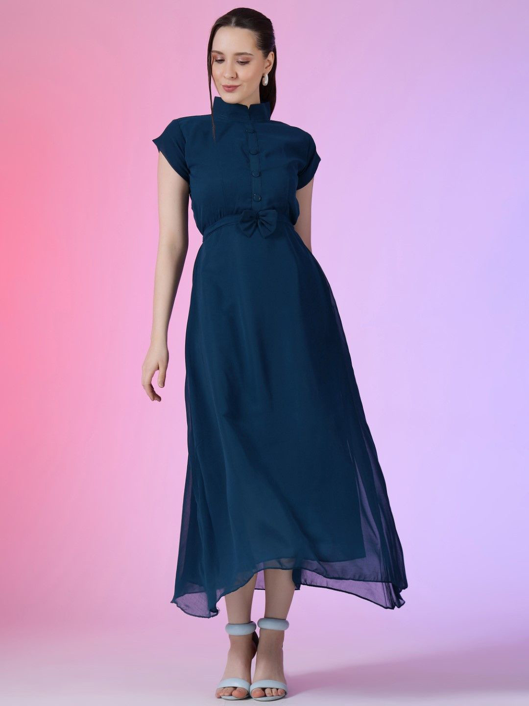 Jash Creation Women High Neck Short Sleeves Fit and Flare Maxi Dress