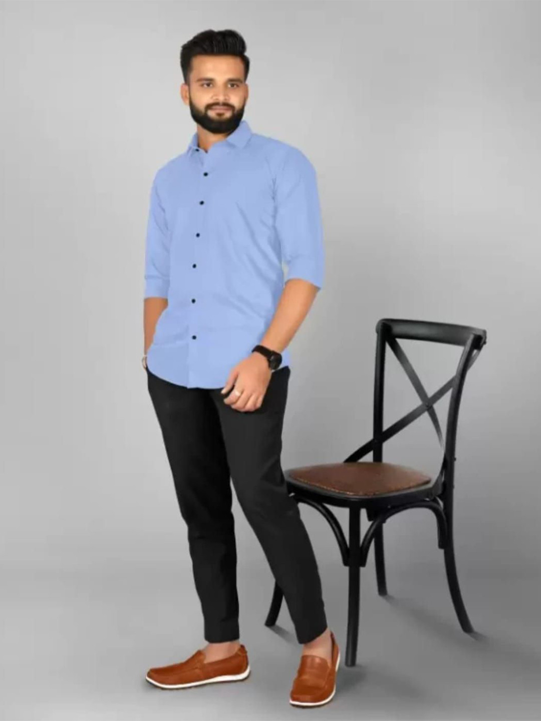 Erenchino Men Comfort Fit Spread Collar Solid Cotton Casual Shirt