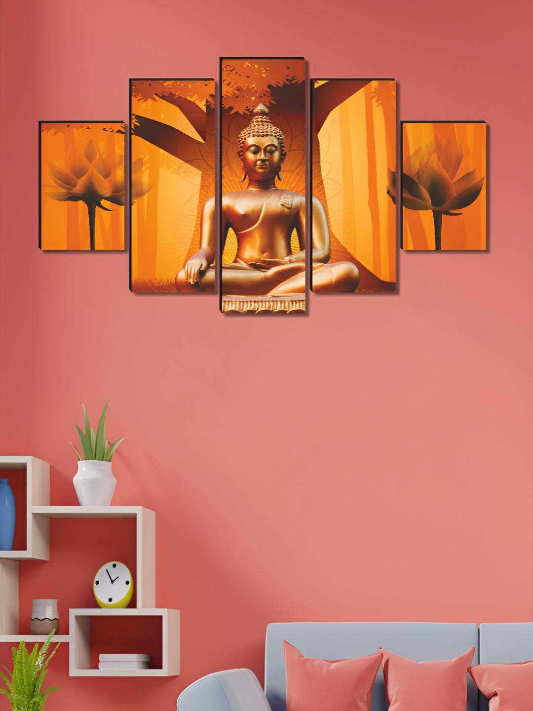 Myntra Elegant Homes Orange 5 Pieces Wooden Buddha Painting Wall Arts