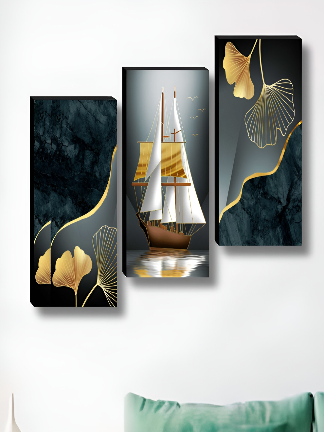 SAF Black & White 3 Pieces Floral and Botanical Synthetic Wood Wall Paintings