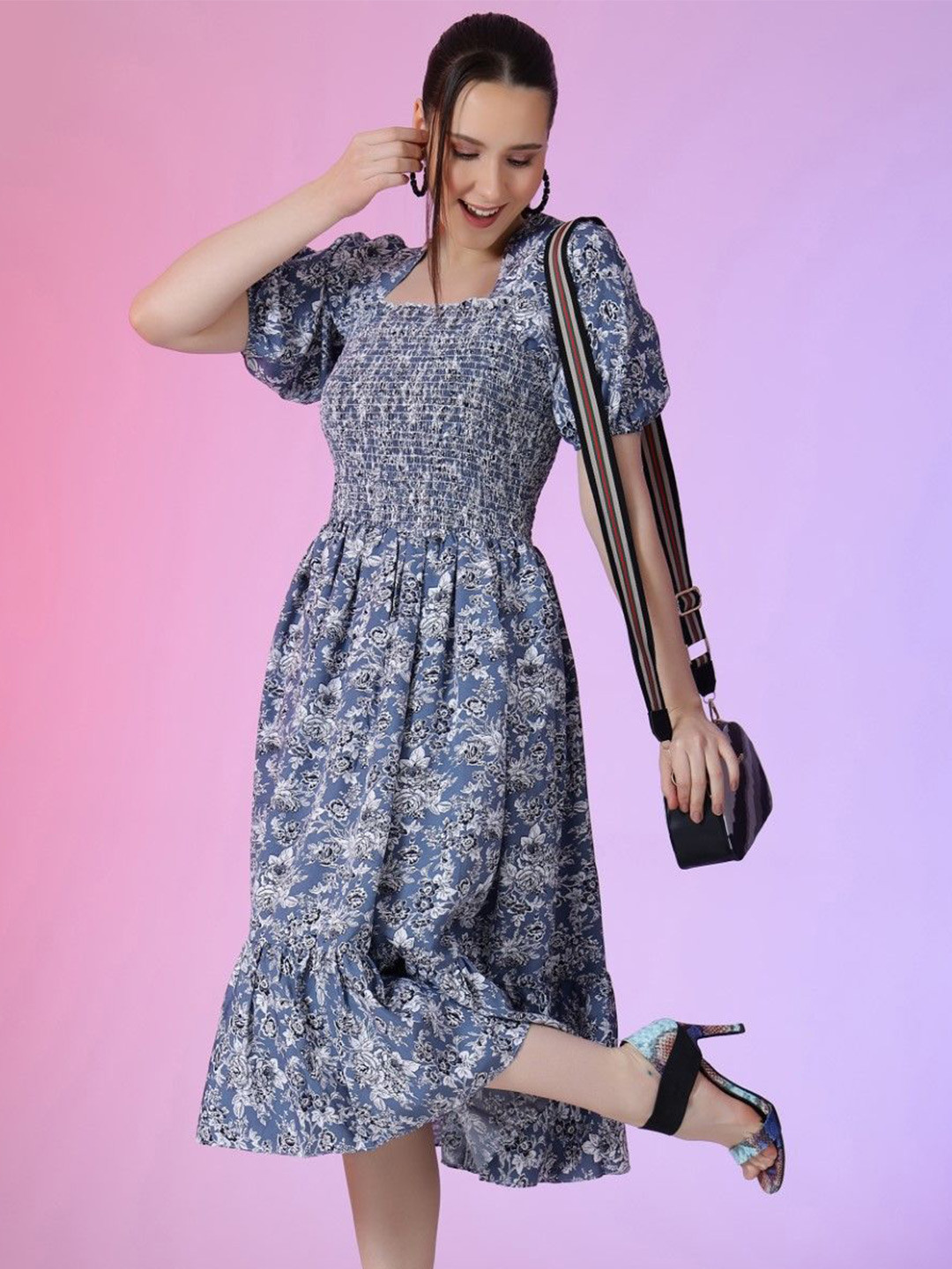 Raiyani Enterprise Women Floral Printed Square Neck Smoked Puff Sleeves Fit & Flare Dress