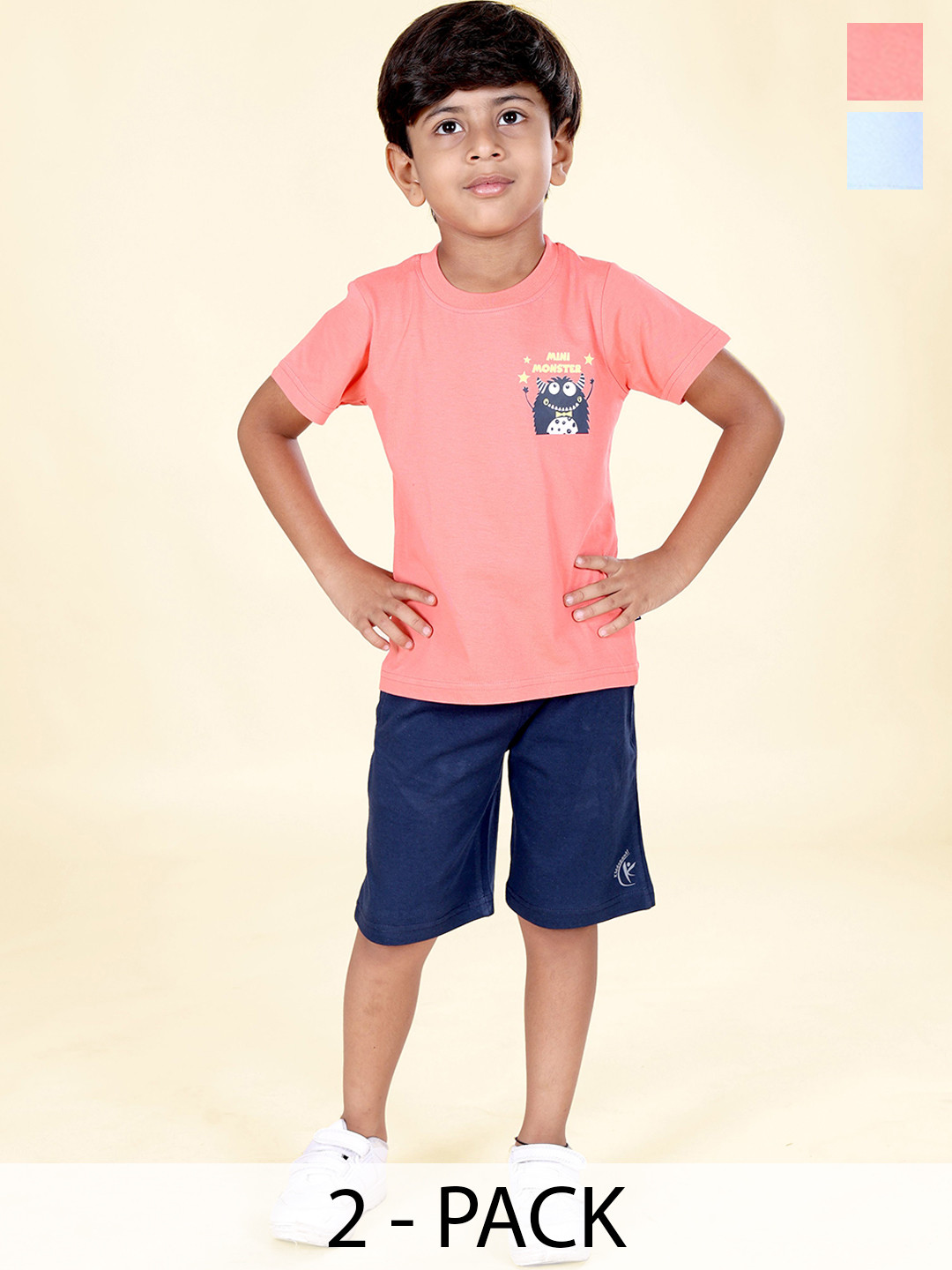 KiddoPanti Boys Pack Of 2 Chest Printed Round Neck Pure Cotton T-Shirt With Shorts