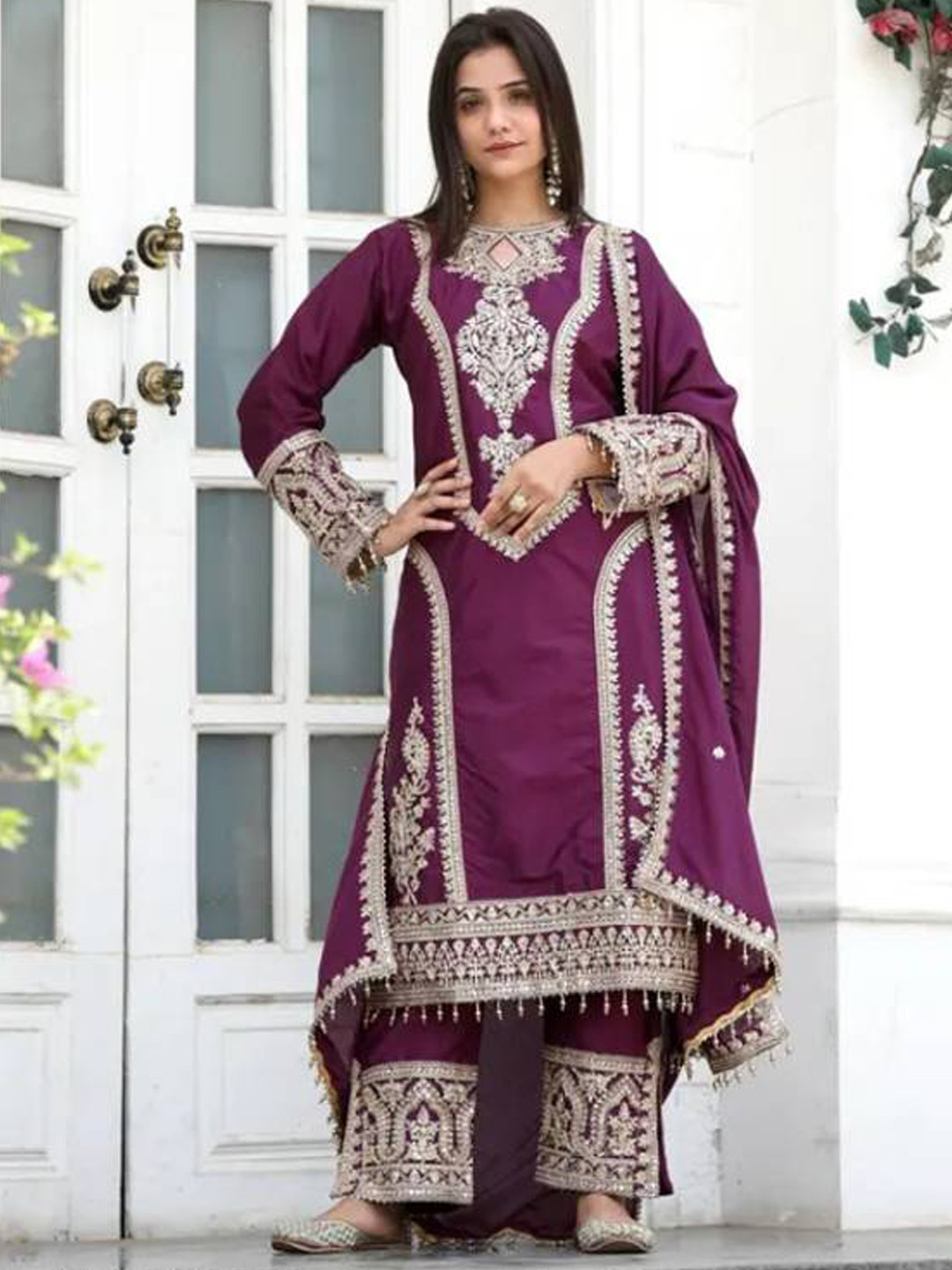 AKSHARAM Floral Embroidered Round Neck Sequinned Straight Kurta With Trousers & Dupatta