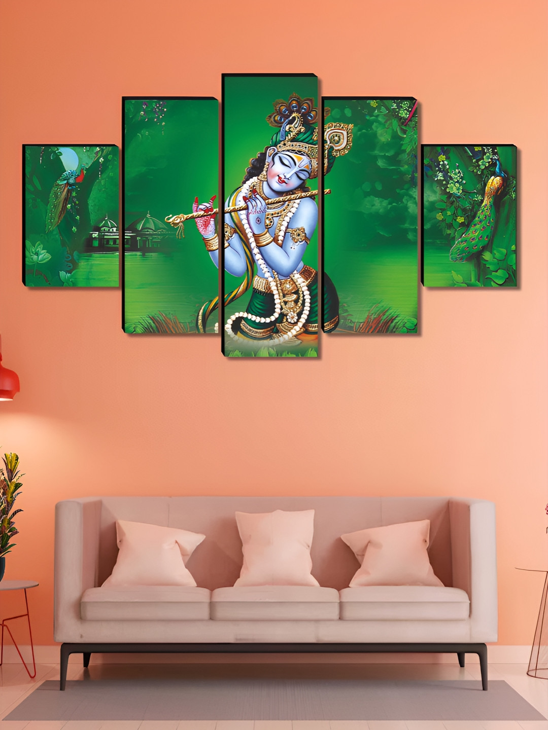 Myntra Elegant Homes Green & Blue 5 Piece Lord Krishna Wood Religious Wall Paintings