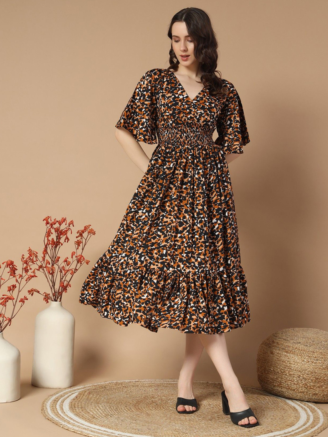 Raiyani Enterprise Tiger Skin Print Flared Sleeves Smocked Fit & Flare Dress