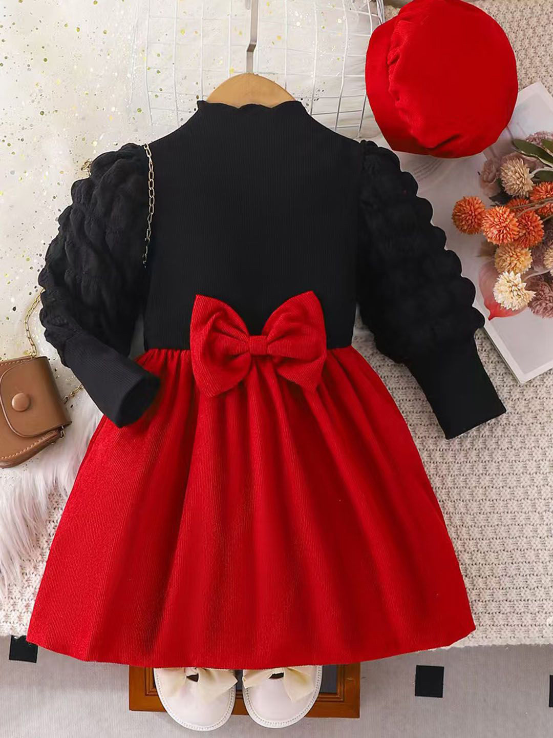 Xsole Girl Round Neck Puff Sleeves Fit & Flare Maxi Dress With Bow