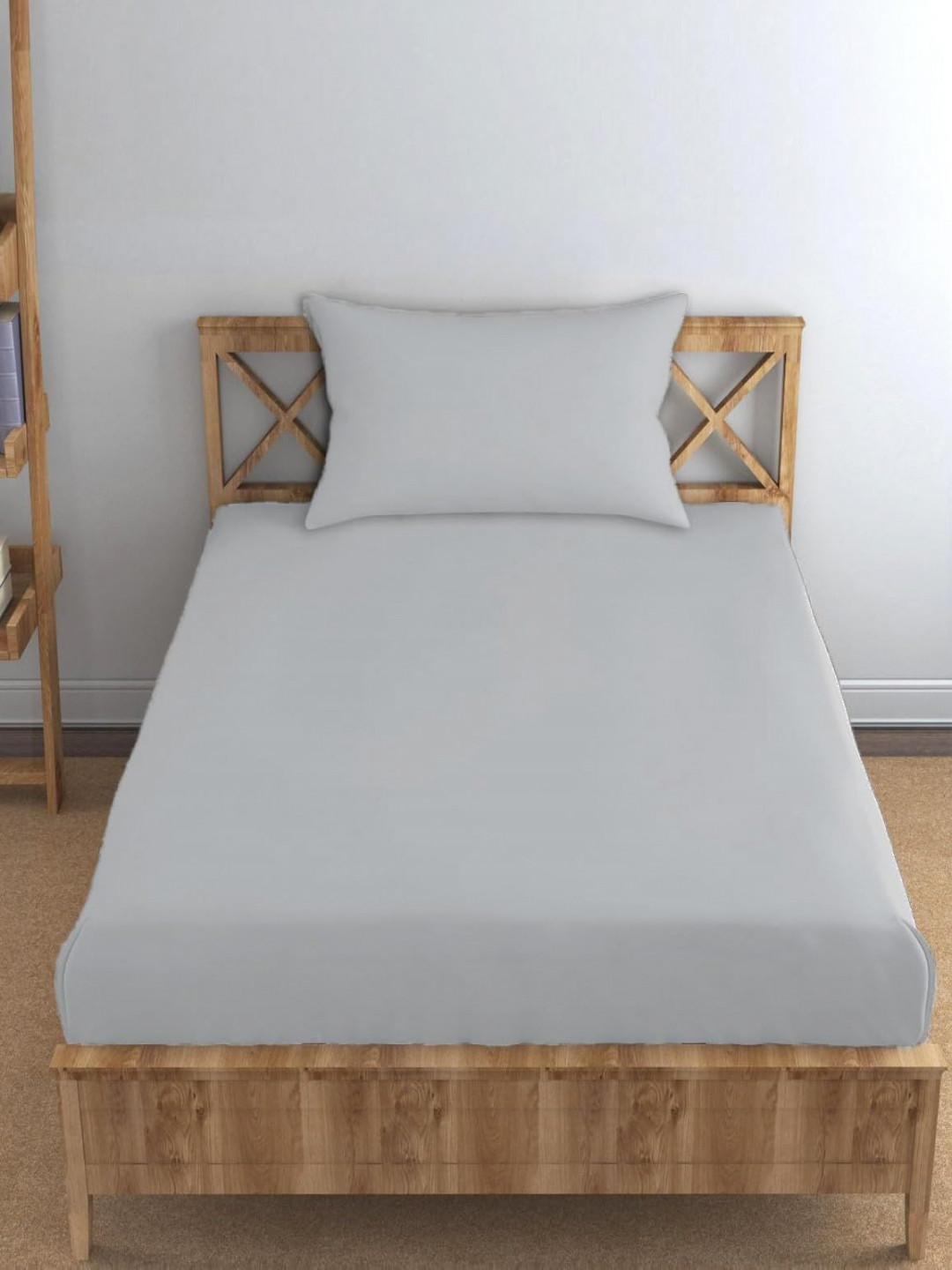 Trance Home Linen Silver Cotton 300 TC Fitted Single Fine Bedsheet with a Pillow Cover-72 x 30 inches