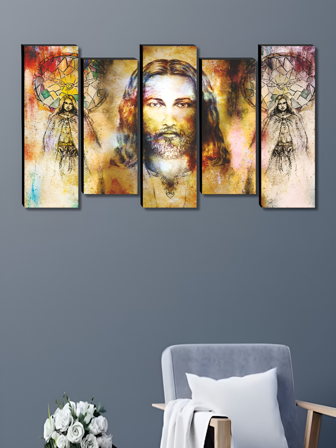 Myntra Elegant Homes White & Brown 5 Pieces Canvas Religious Yeshu Painting Wall Arts