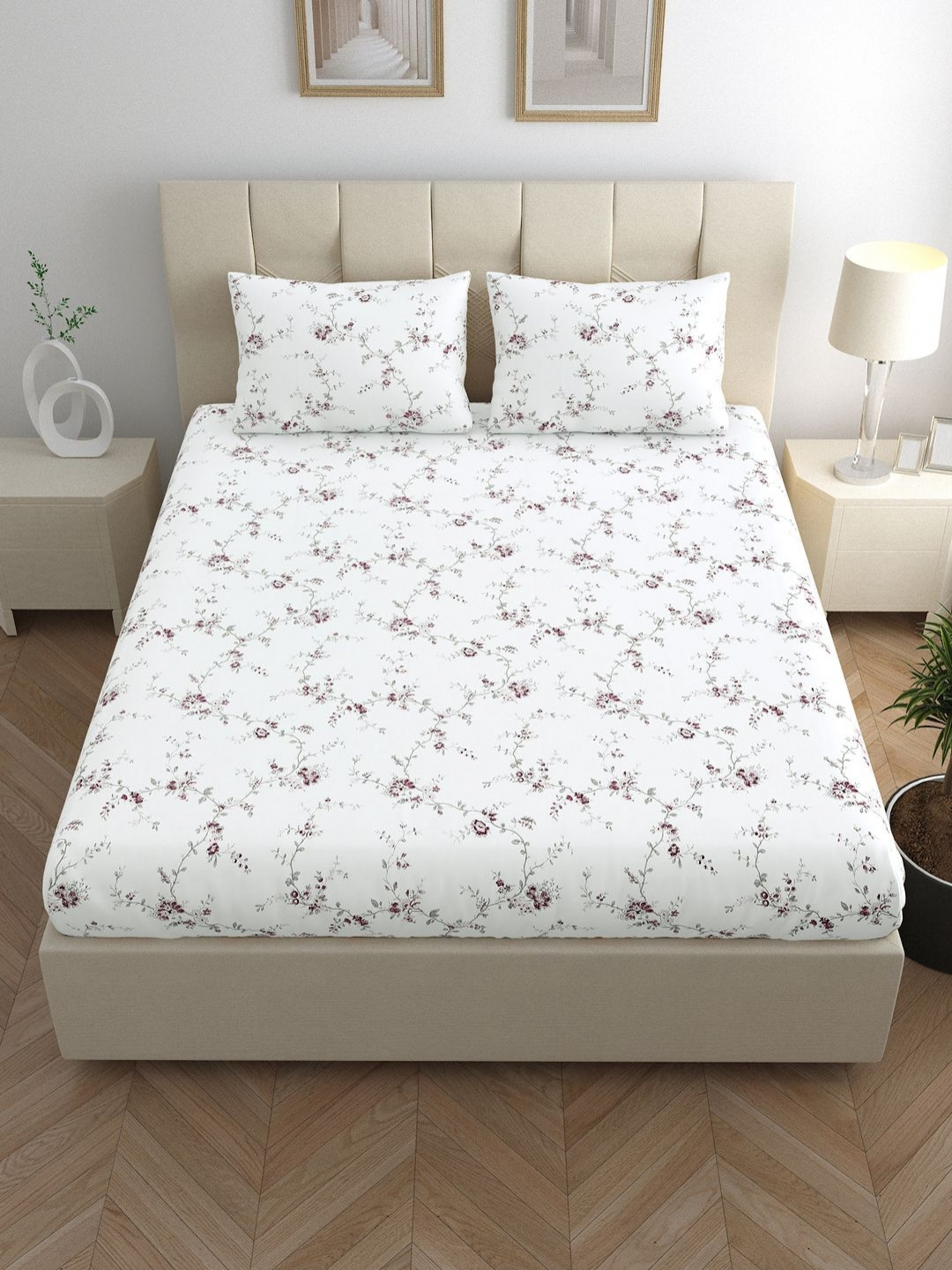 LINENWALAS Happy Sleeping Vineyard White Floral Pure Cotton 210 TC Fitted King Fine Bedsheet with 2 Pillow Covers-108 x 108 inches