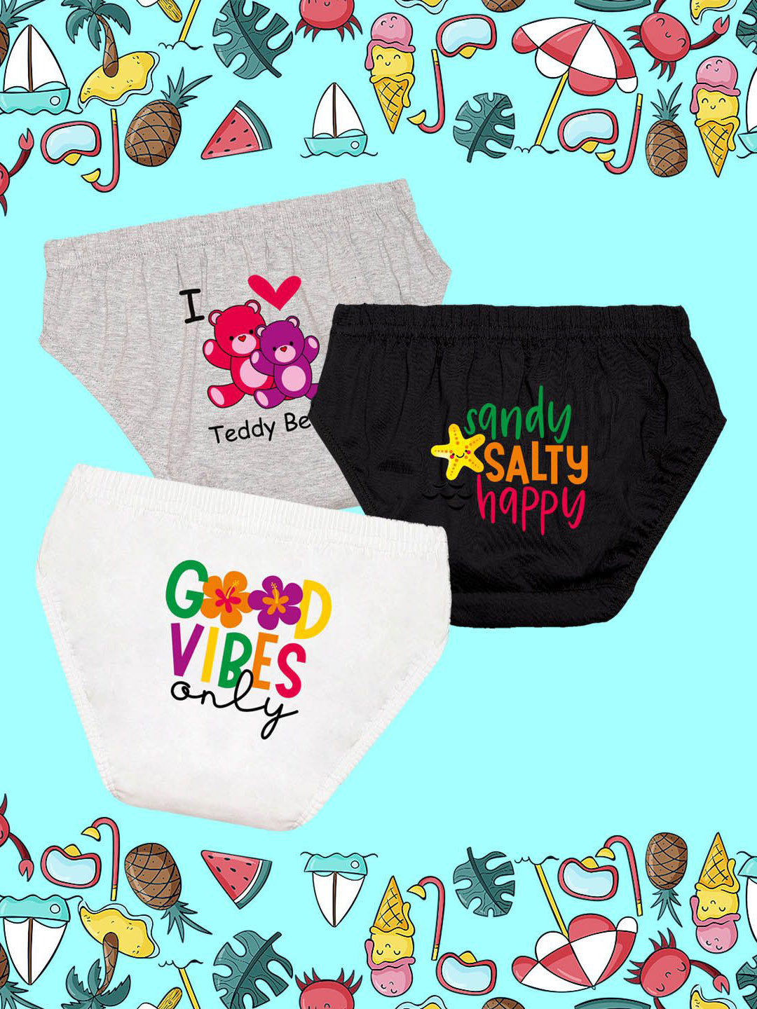 NUSYL Girls Pack Of 3 Good Vibes Only Text Printed Pure Cotton Basic BriefsNUGCBRFPO3.003