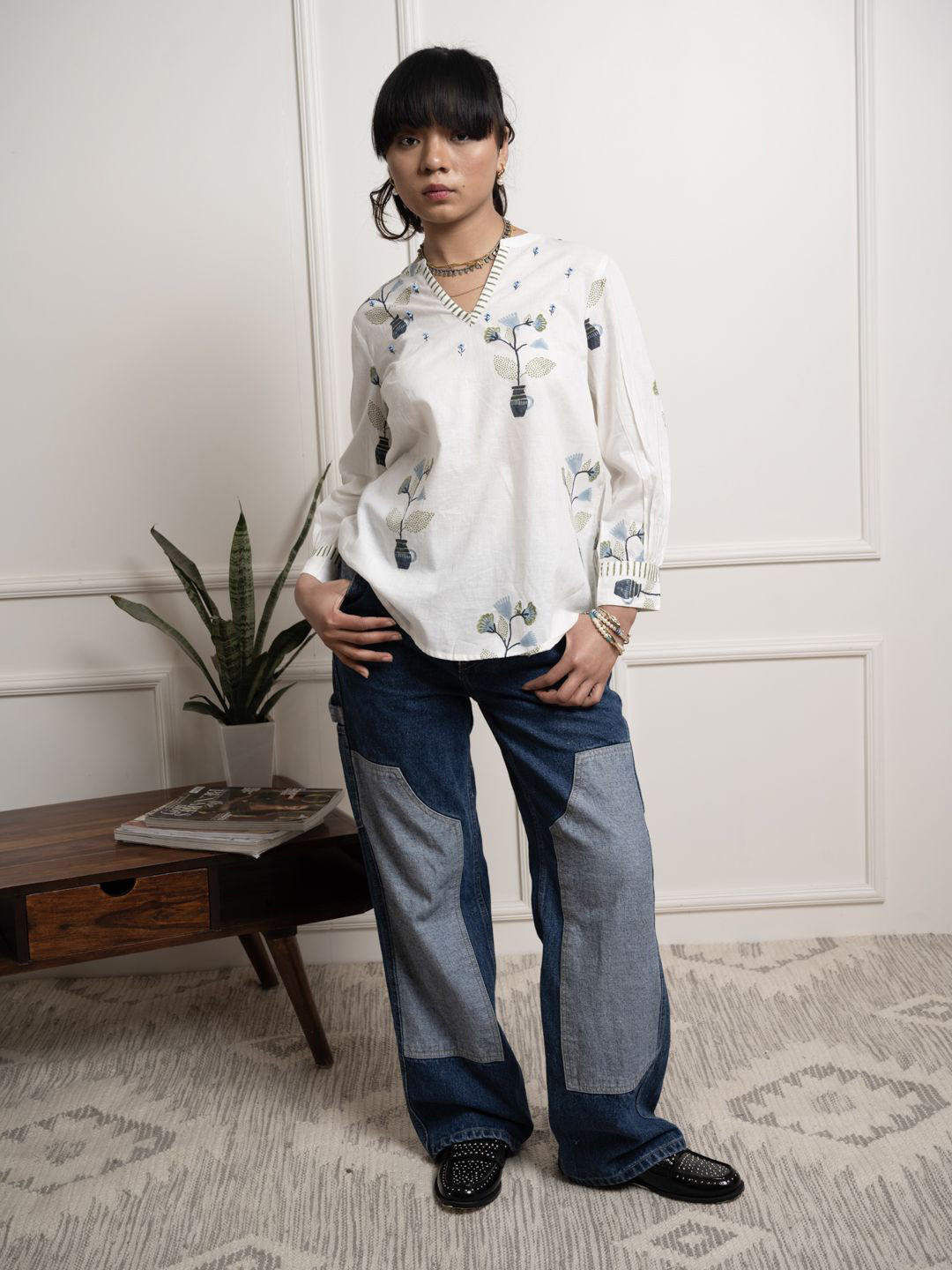 WildMoss Pure Cotton Blockprinted Peasant Top In Botanical Print Design