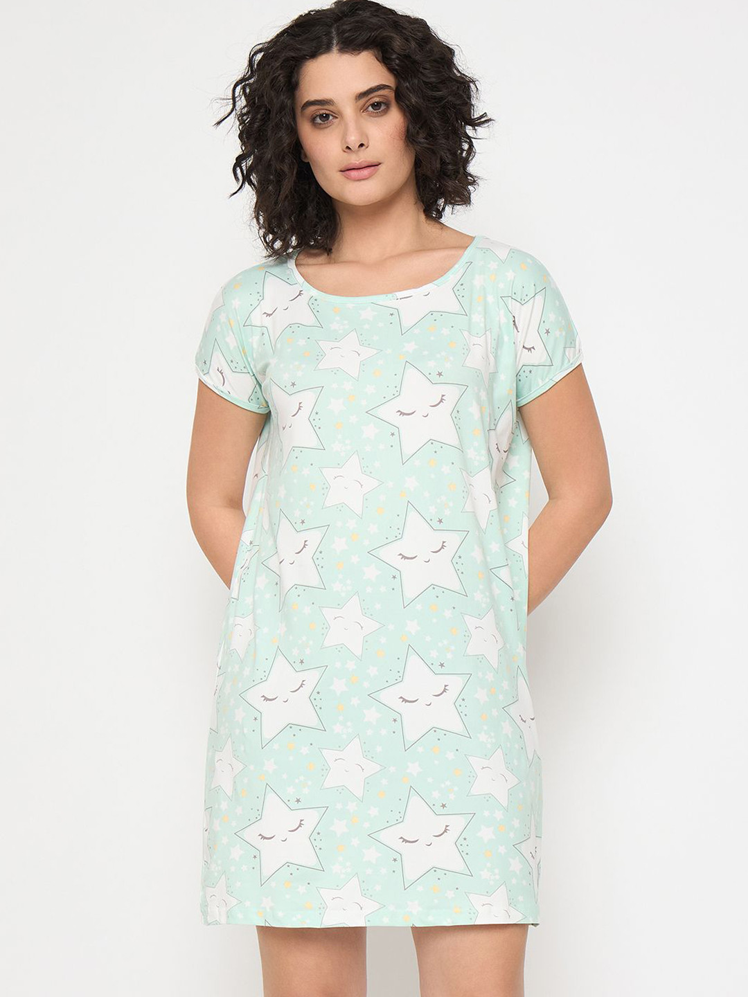 Camey Women Printed Round Neck Short Sleeves Knee Length Nightdress