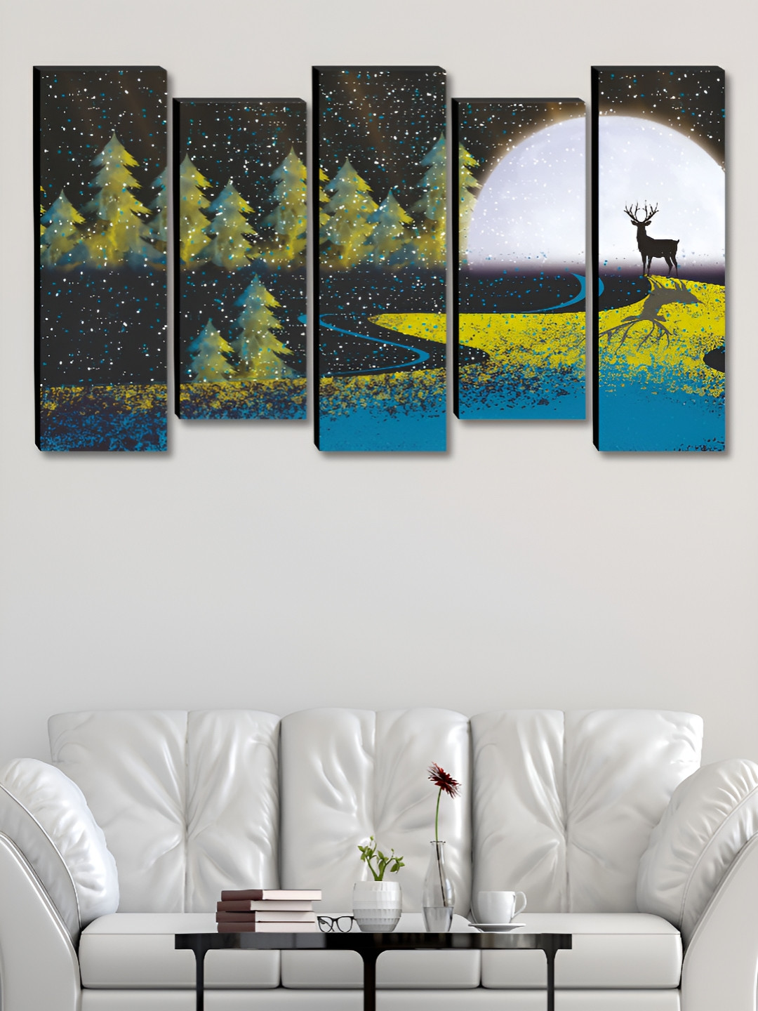 Myntra Elegant Homes Deer & Moon Wood 5 Piece Wall Rectangle Paintings Wall Art