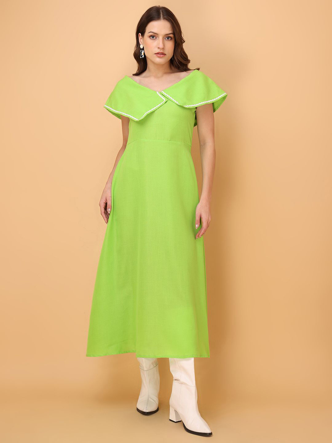 PURVAJA Solid Off-Shoulder Cotton A-Line Midi Dress