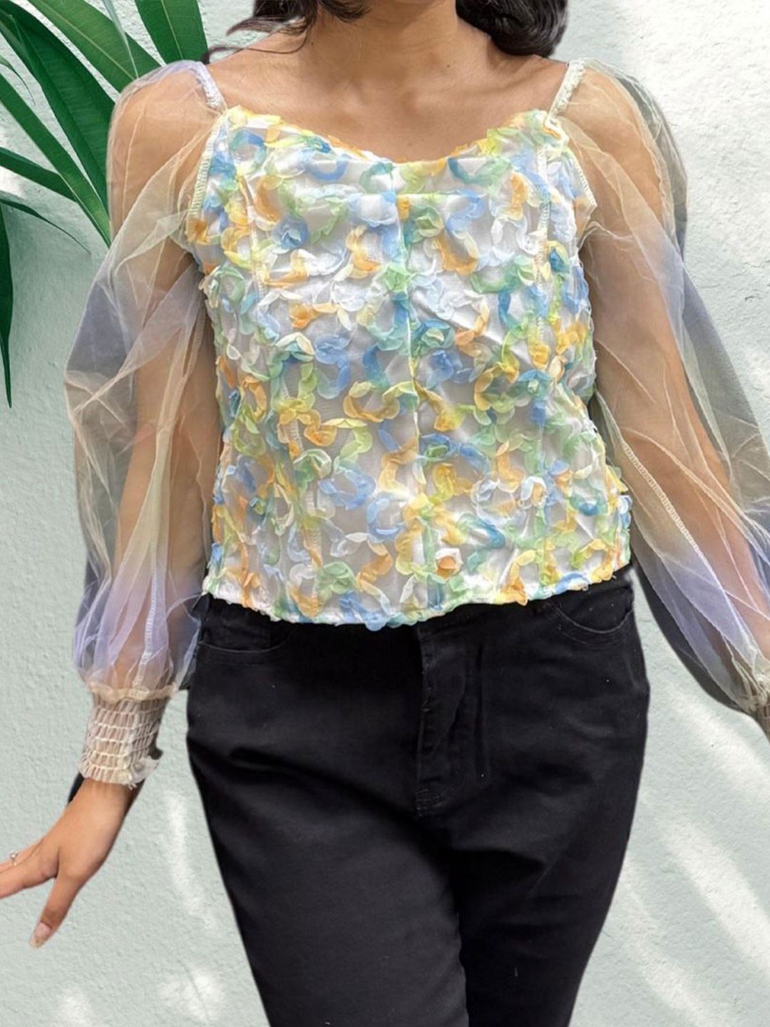 MADE FOR HER LABEL Women Applique Flower Mesh Sleeves Top