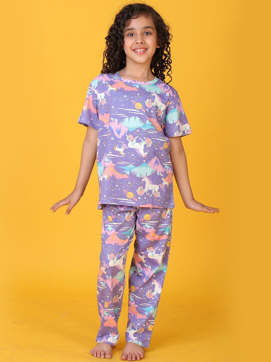 Anthrilo Girl Unicorn Planet Short Sleeve Pyjama Set- Purple
