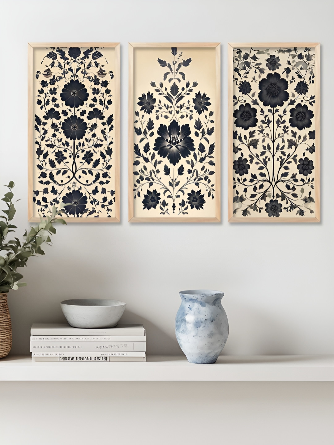 Kotart Brown & White 3 Pieces Floral and Botanical Wooden Wall Paintings