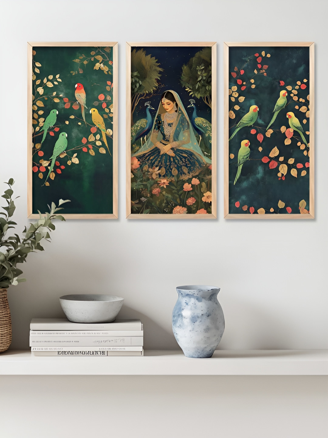 Kotart Brown and Green 3 Pieces Birds and Animals Wooden Wall Paintings